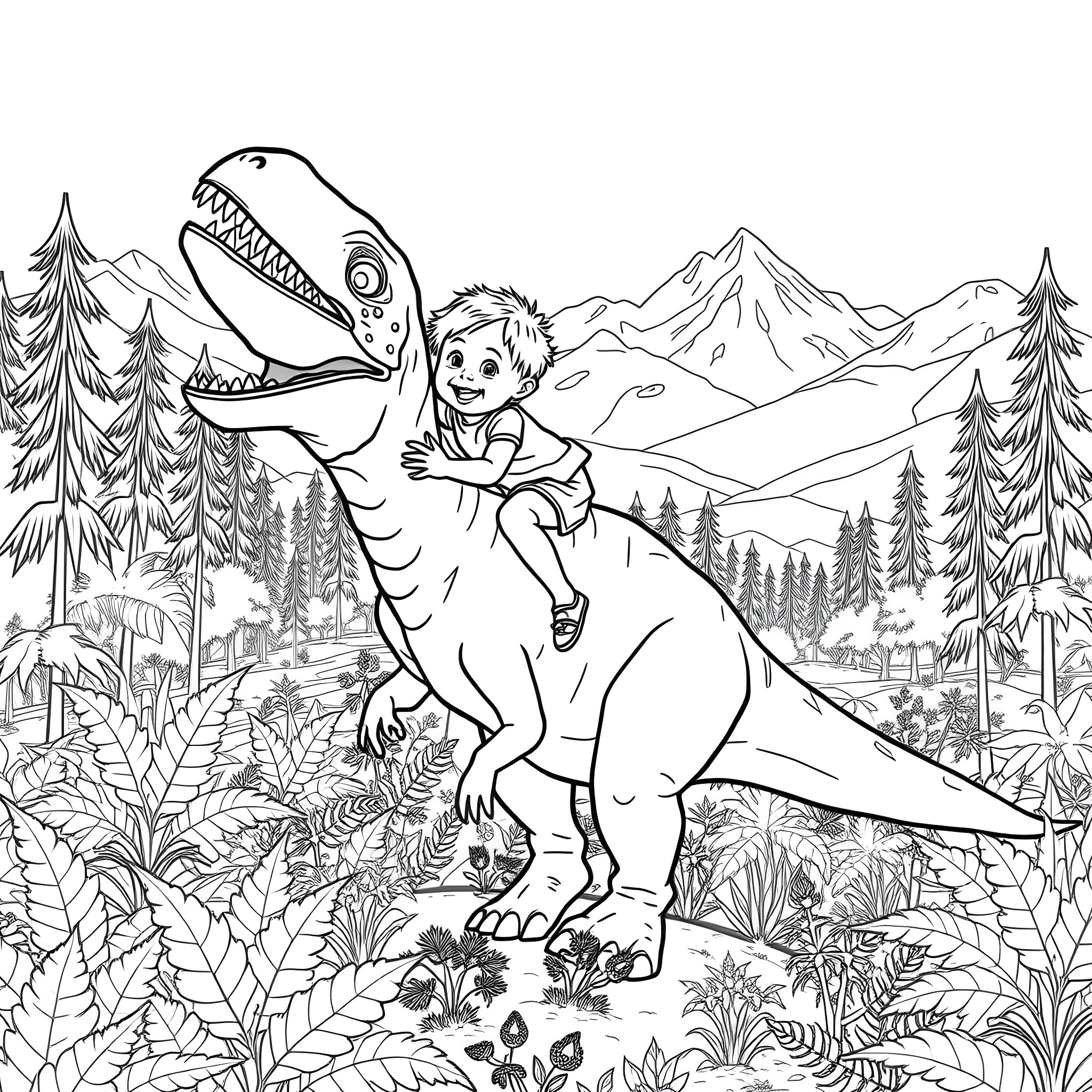 Child riding a friendly dinosaur in the forest Coloring Page (free black-and-white line drawing printable PDF for all, from beginners to advanced learners, including children, teens, adults, and seniors)