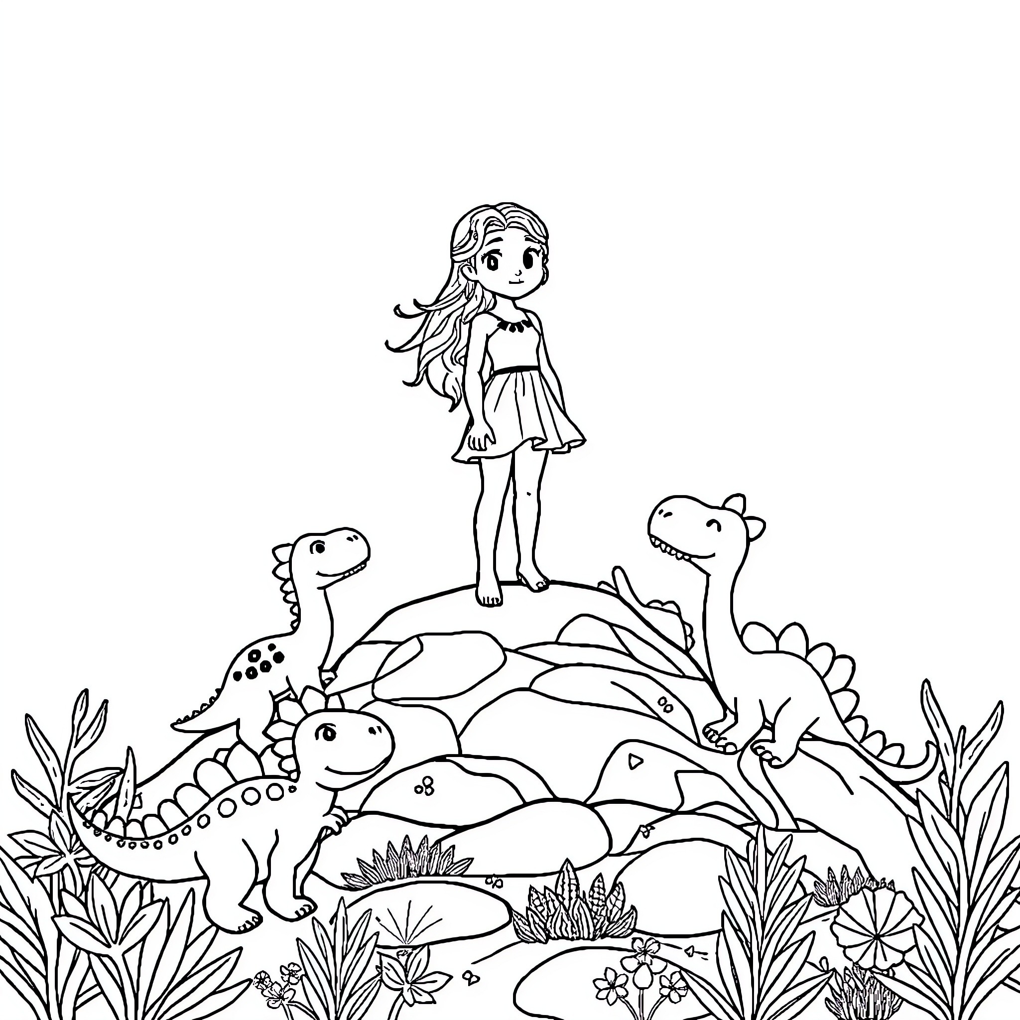 Dinosaur girl exploring prehistoric landscape Coloring Page (free black-and-white line drawing printable PDF for all, from beginners to advanced learners, including children, teens, adults, and seniors)