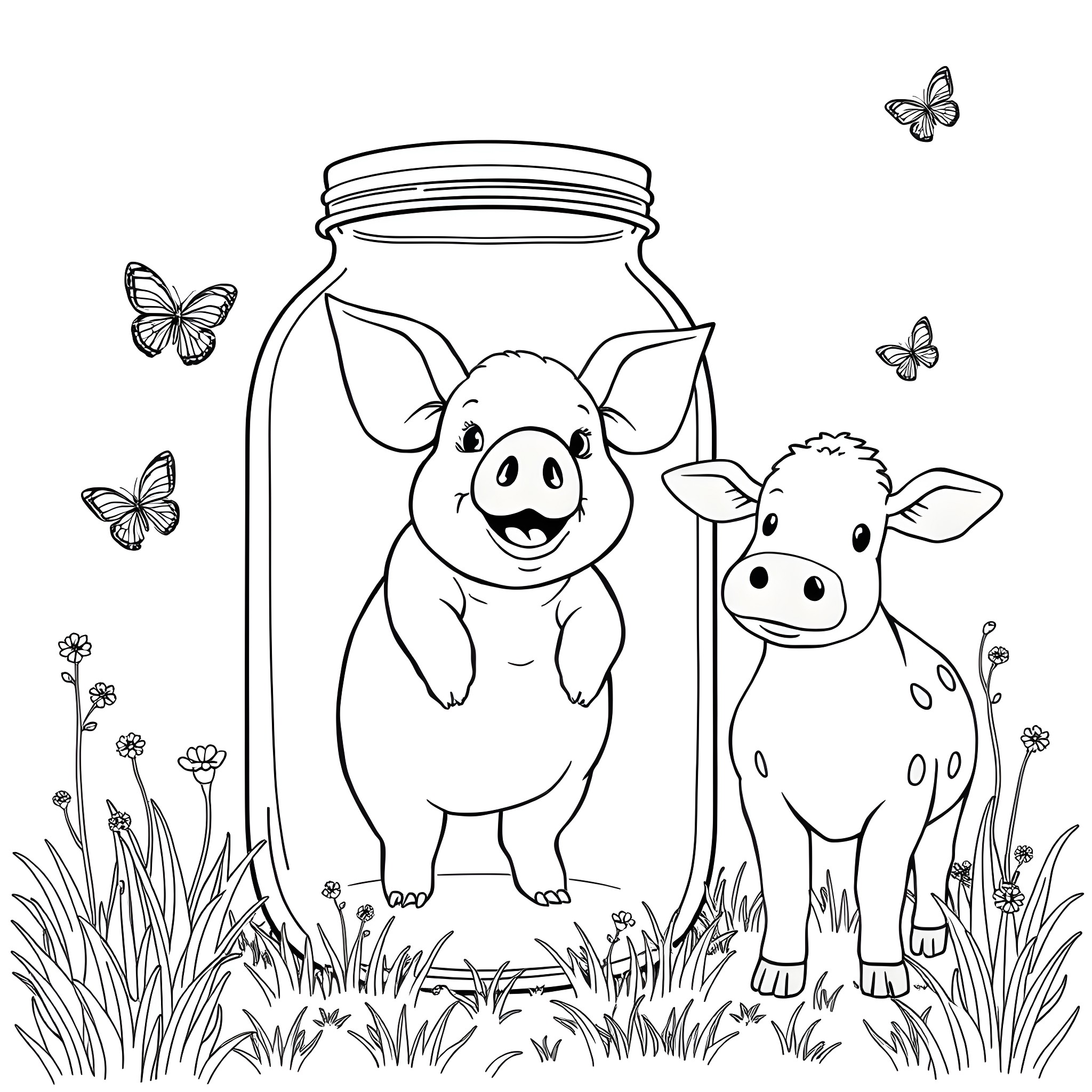 Pigs in a Jar with Butterflies Coloring Page (free black-and-white line drawing printable PDF for all, from beginners to advanced learners, including children, teens, adults, and seniors)