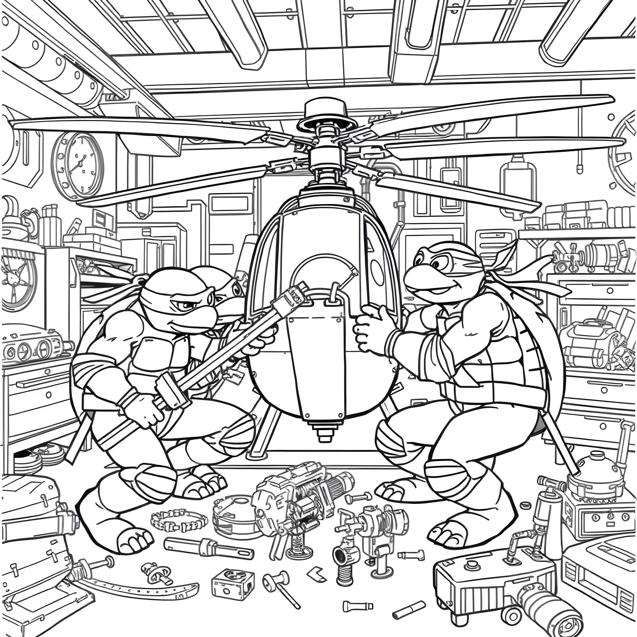 Teenage Mutant Ninja Turtles Tinkering in Garage Workshop Coloring Page (free black-and-white line drawing printable PDF for all, from beginners to advanced learners, including children, teens, adults, and seniors)