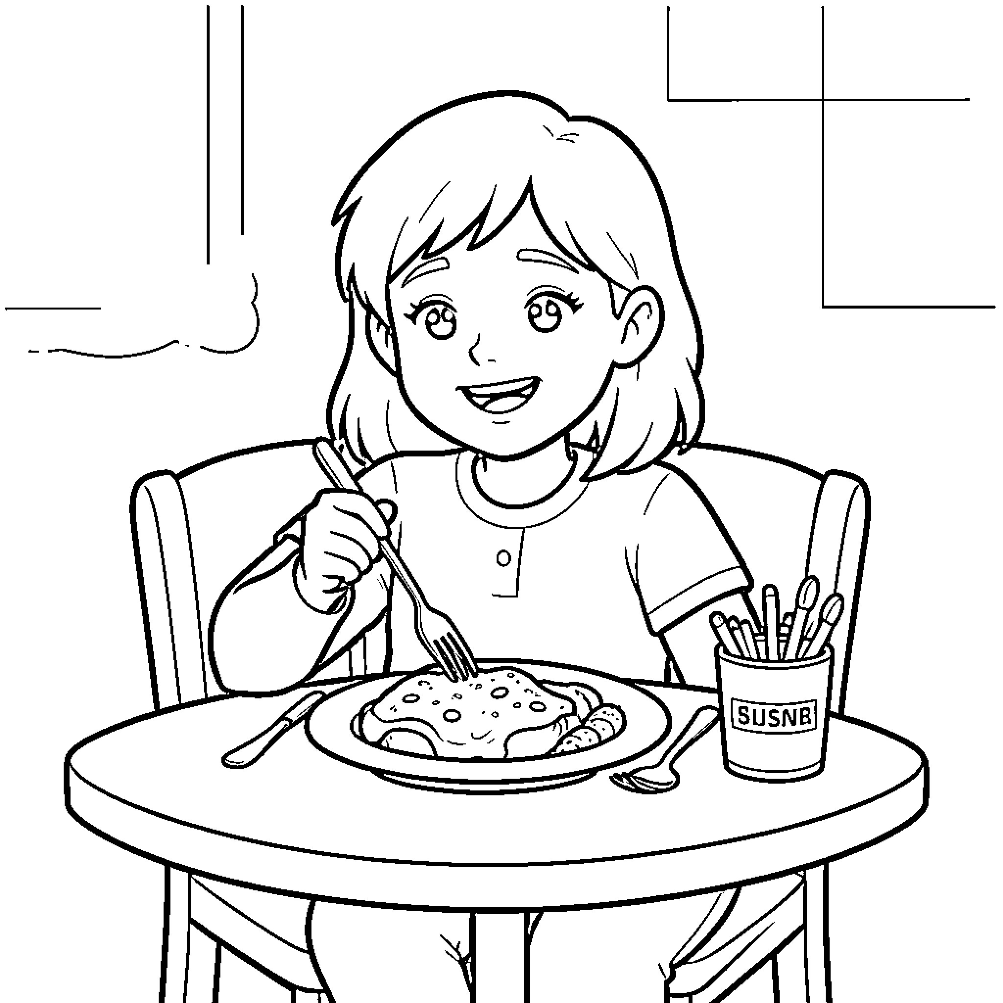 Habram Enjoying a Meal at the Table Coloring Page (free black-and-white line drawing printable PDF for all, from beginners to advanced learners, including children, teens, adults, and seniors)