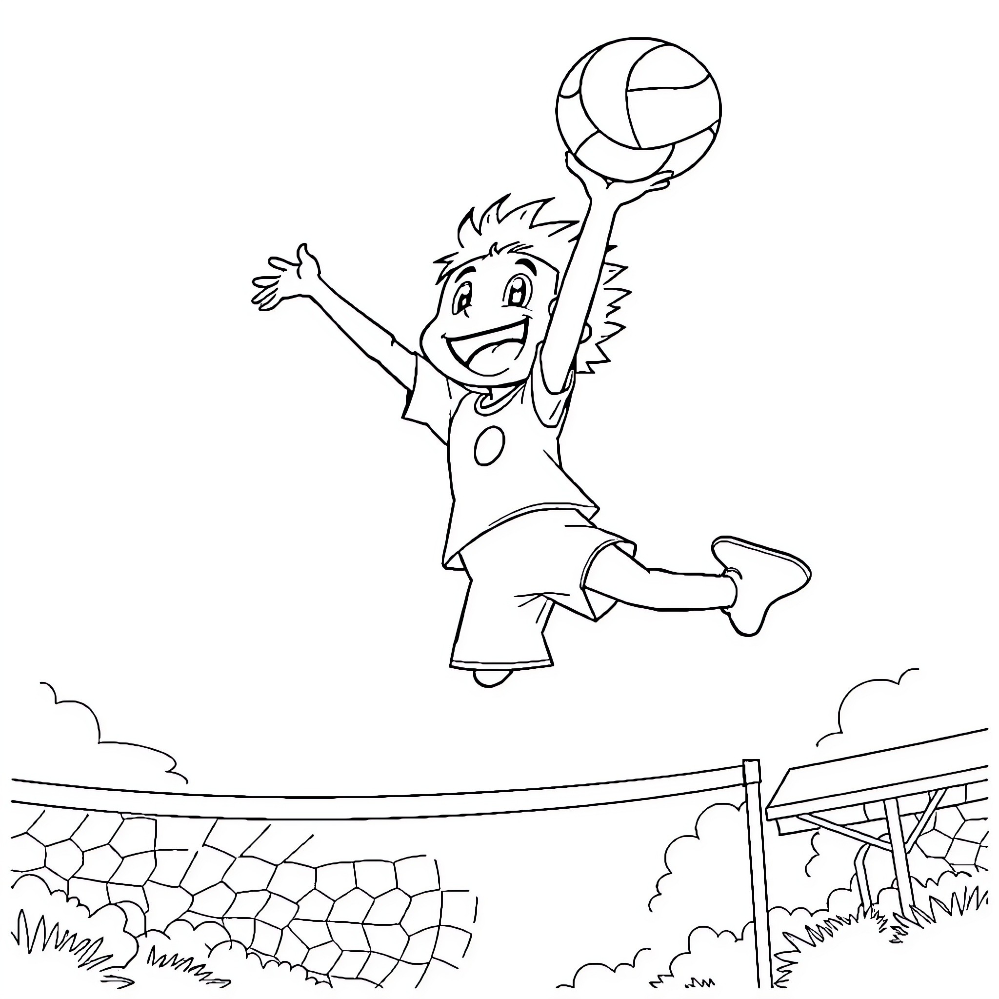 Tanjiro playing volleyball happily on the court Coloring Page (free black-and-white line drawing printable PDF for all, from beginners to advanced learners, including children, teens, adults, and seniors)
