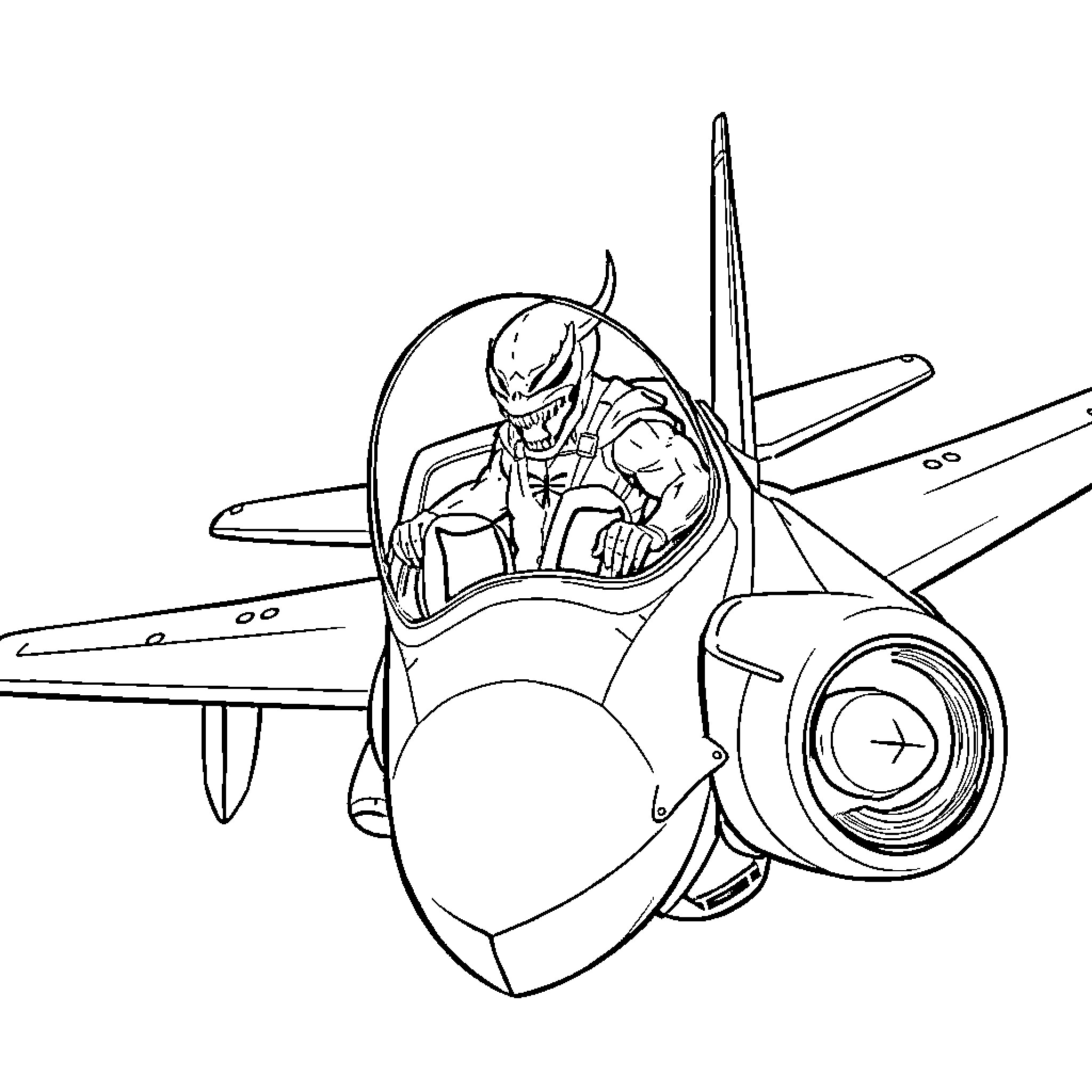 Venom in Futuristic Aircraft Cockpit Coloring Page (free black-and-white line drawing printable PDF for all, from beginners to advanced learners, including children, teens, adults, and seniors)