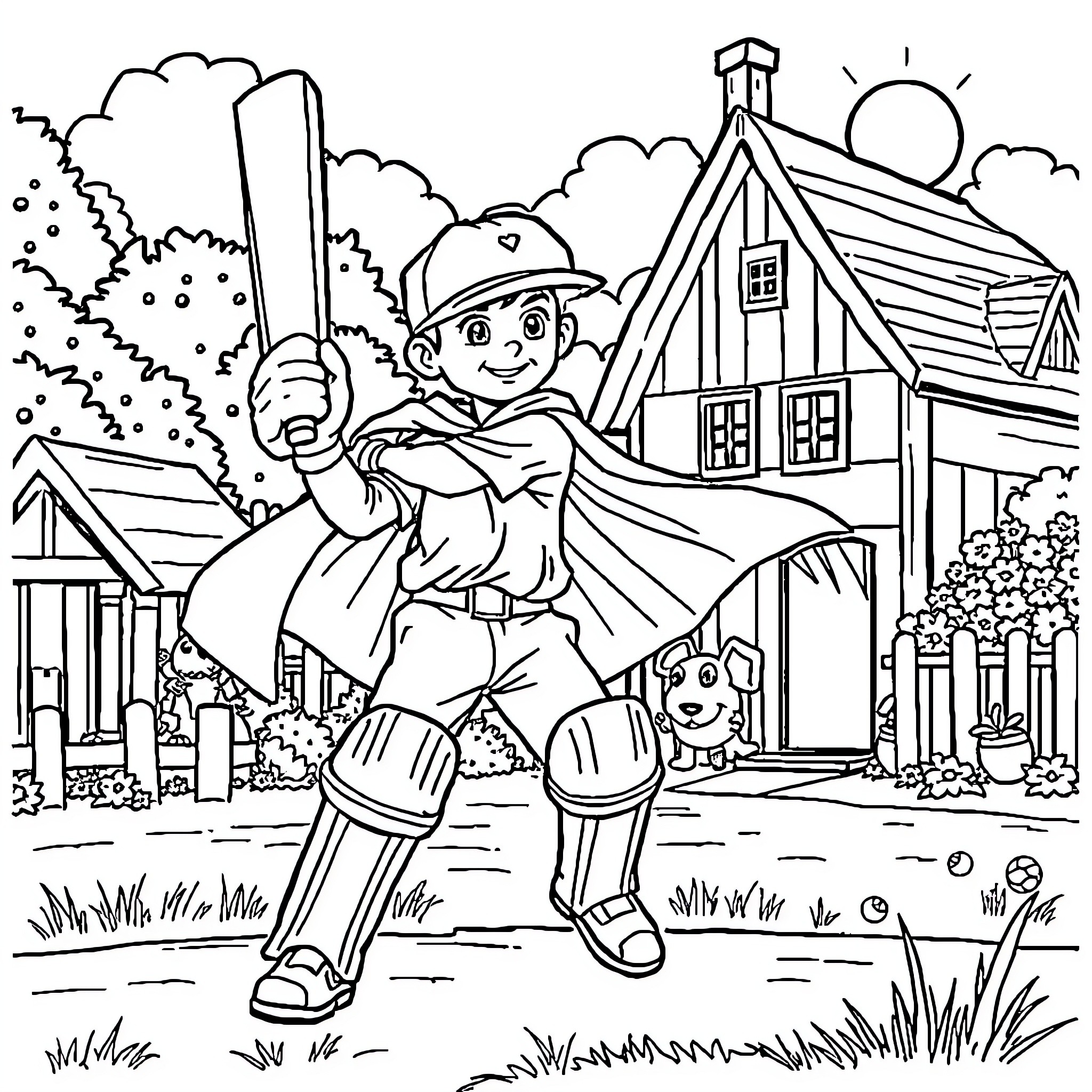 Cricket player enjoying outdoor game on a sunny day Coloring Page (free black-and-white line drawing printable PDF for all, from beginners to advanced learners, including children, teens, adults, and seniors)