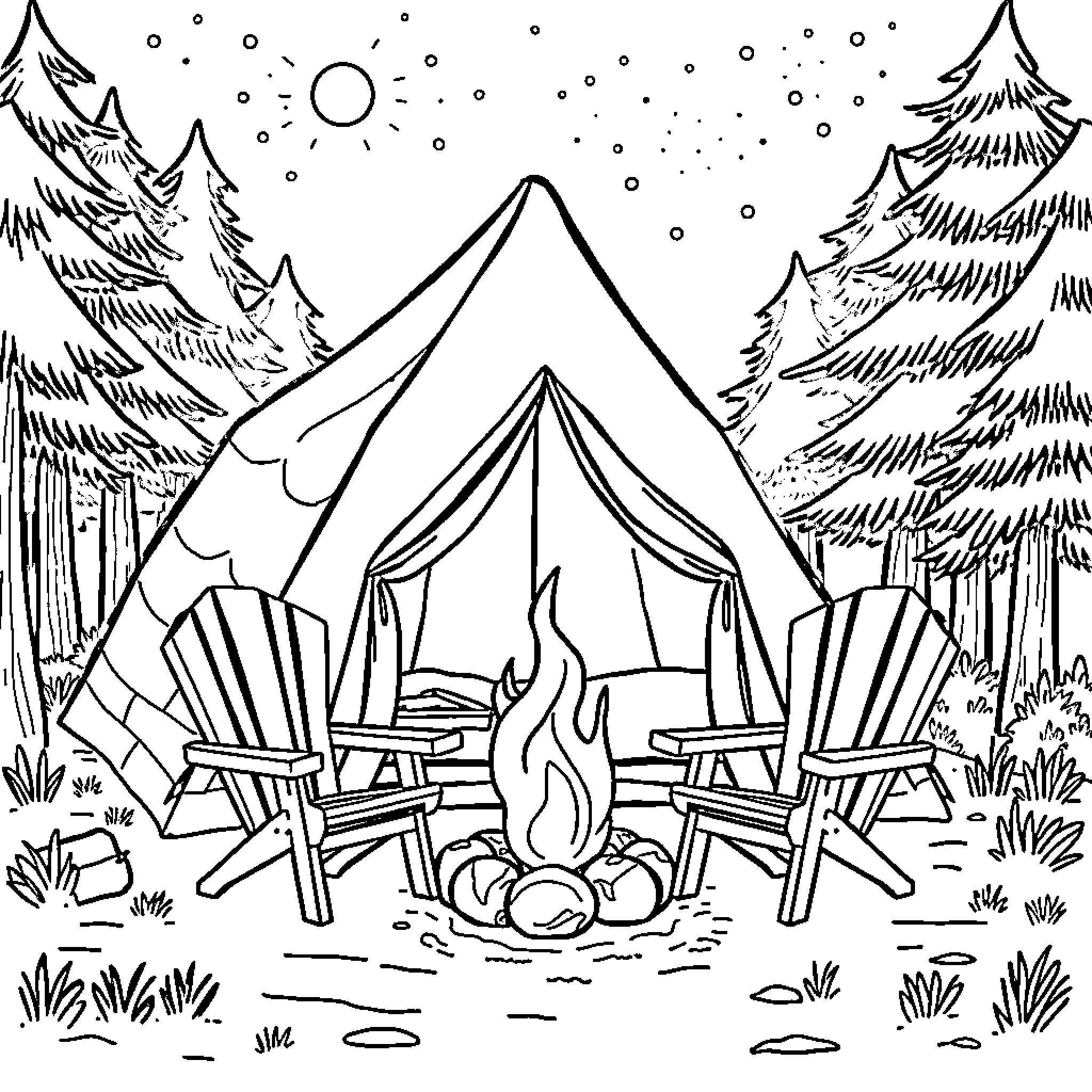 Campsite with Tent, Chairs, and Campfire in Forest Coloring Page (free black-and-white line drawing printable PDF for all, from beginners to advanced learners, including children, teens, adults, and seniors)