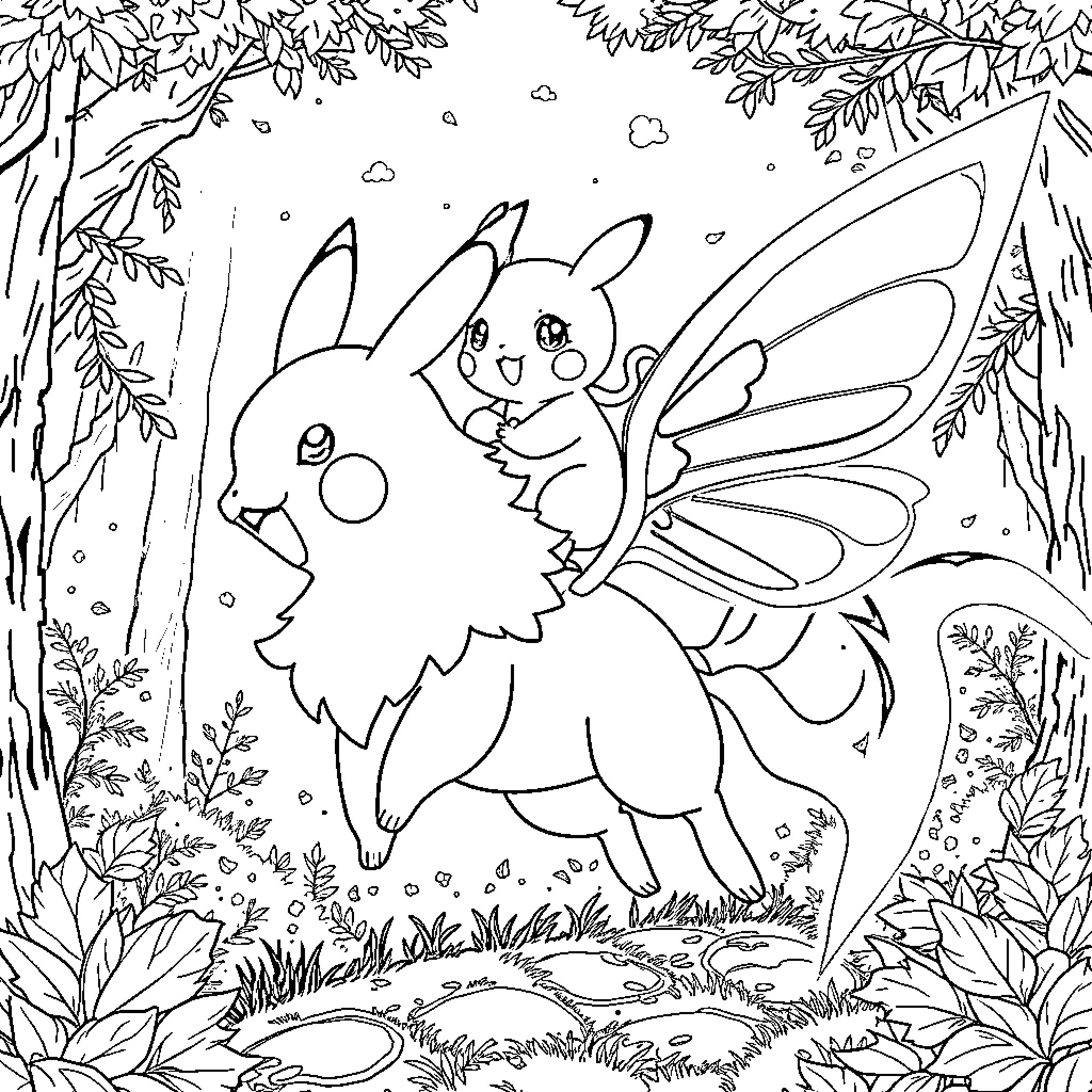 Pikachu as a Fairy in the Enchanted Forest Coloring Page (free black-and-white line drawing printable PDF for all, from beginners to advanced learners, including children, teens, adults, and seniors)