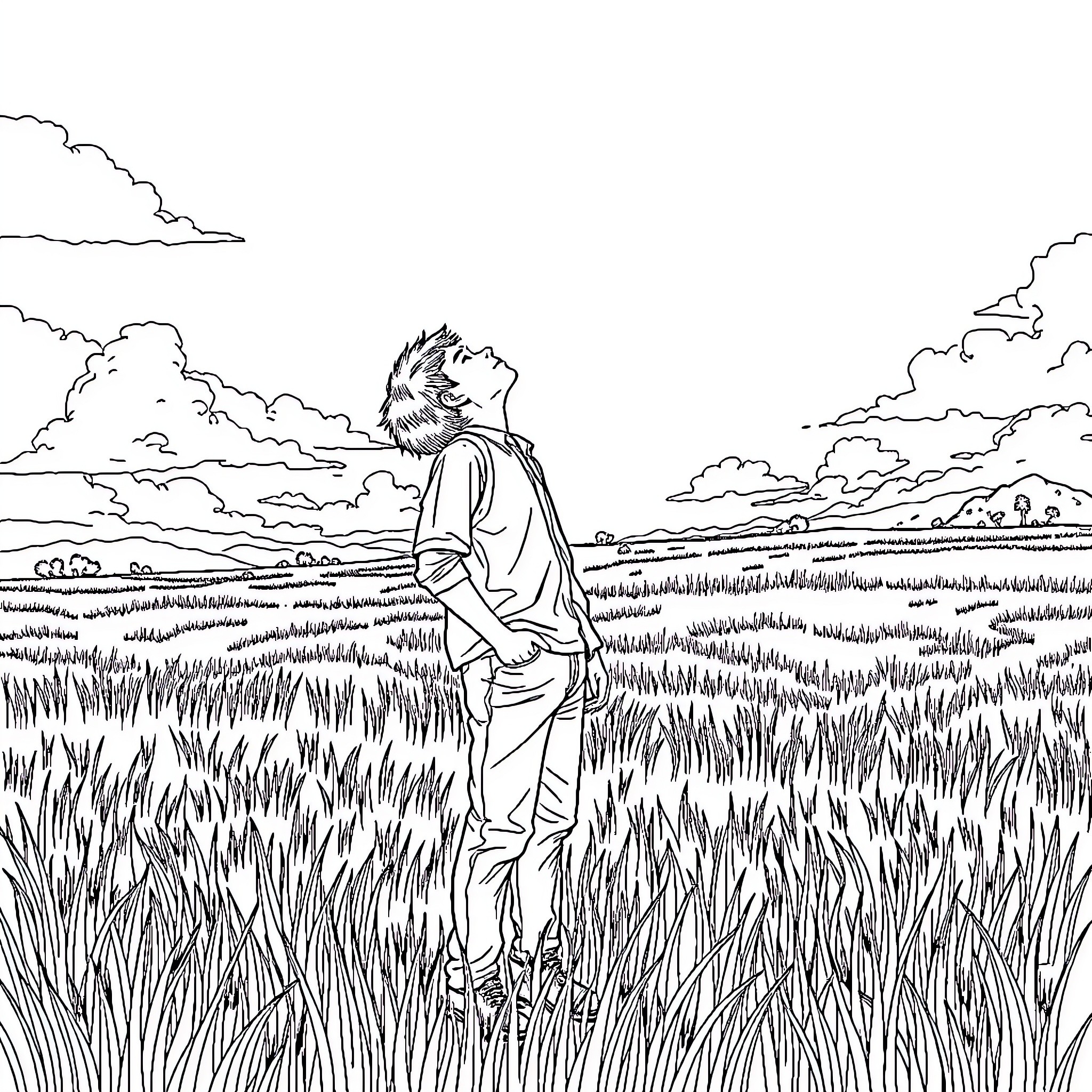 Boy standing in tall grass field under cloudy sky Coloring Page (free black-and-white line drawing printable PDF for all, from beginners to advanced learners, including children, teens, adults, and seniors)