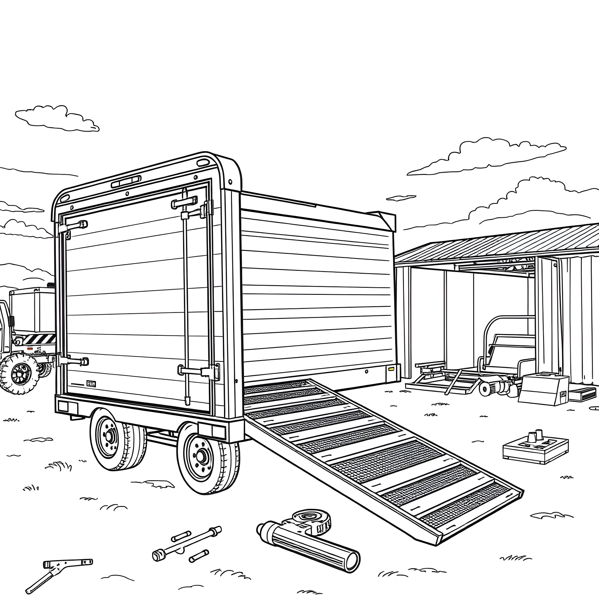 Car Trailer Loaded with Tools and Equipment in Outdoor Scene Coloring Page (free black-and-white line drawing printable PDF for all, from beginners to advanced learners, including children, teens, adults, and seniors)