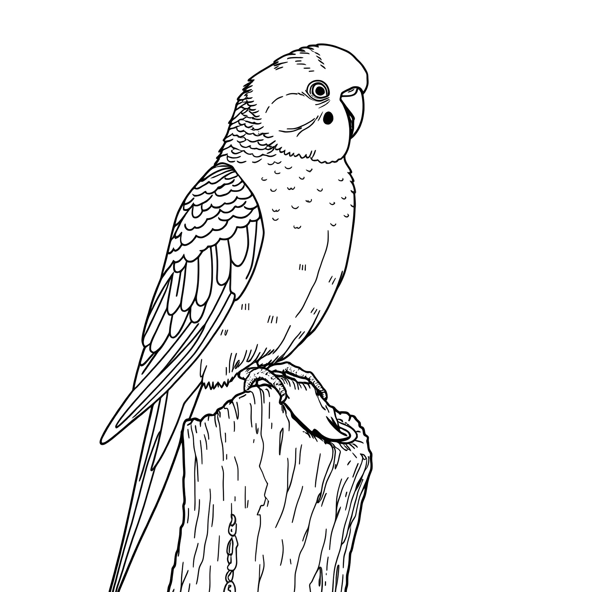 Budgerigar perched on a wooden stump Coloring Page (free black-and-white line drawing printable PDF for all, from beginners to advanced learners, including children, teens, adults, and seniors)