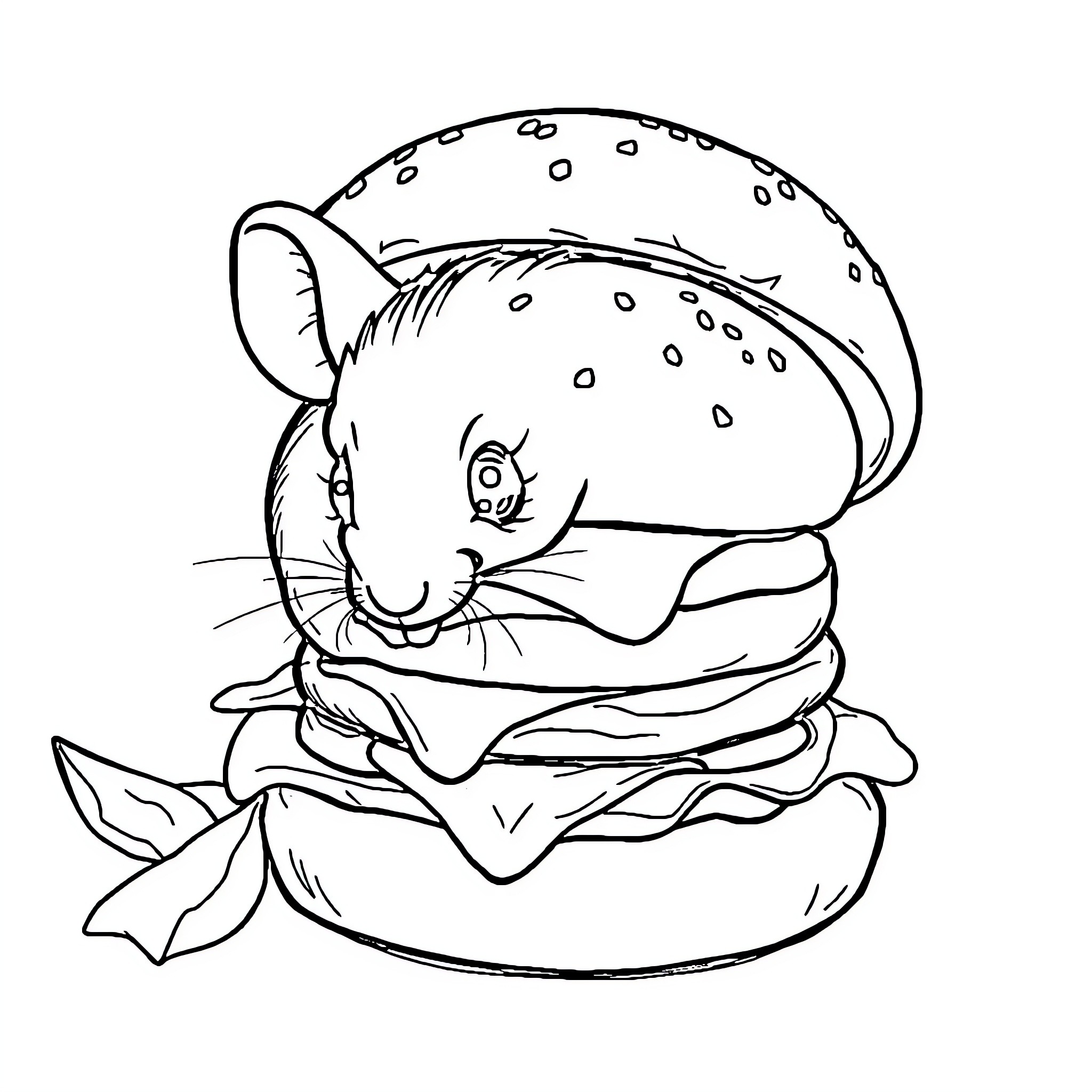 Mouse enjoying a tasty burger Coloring Page (free black-and-white line drawing printable PDF for all, from beginners to advanced learners, including children, teens, adults, and seniors)