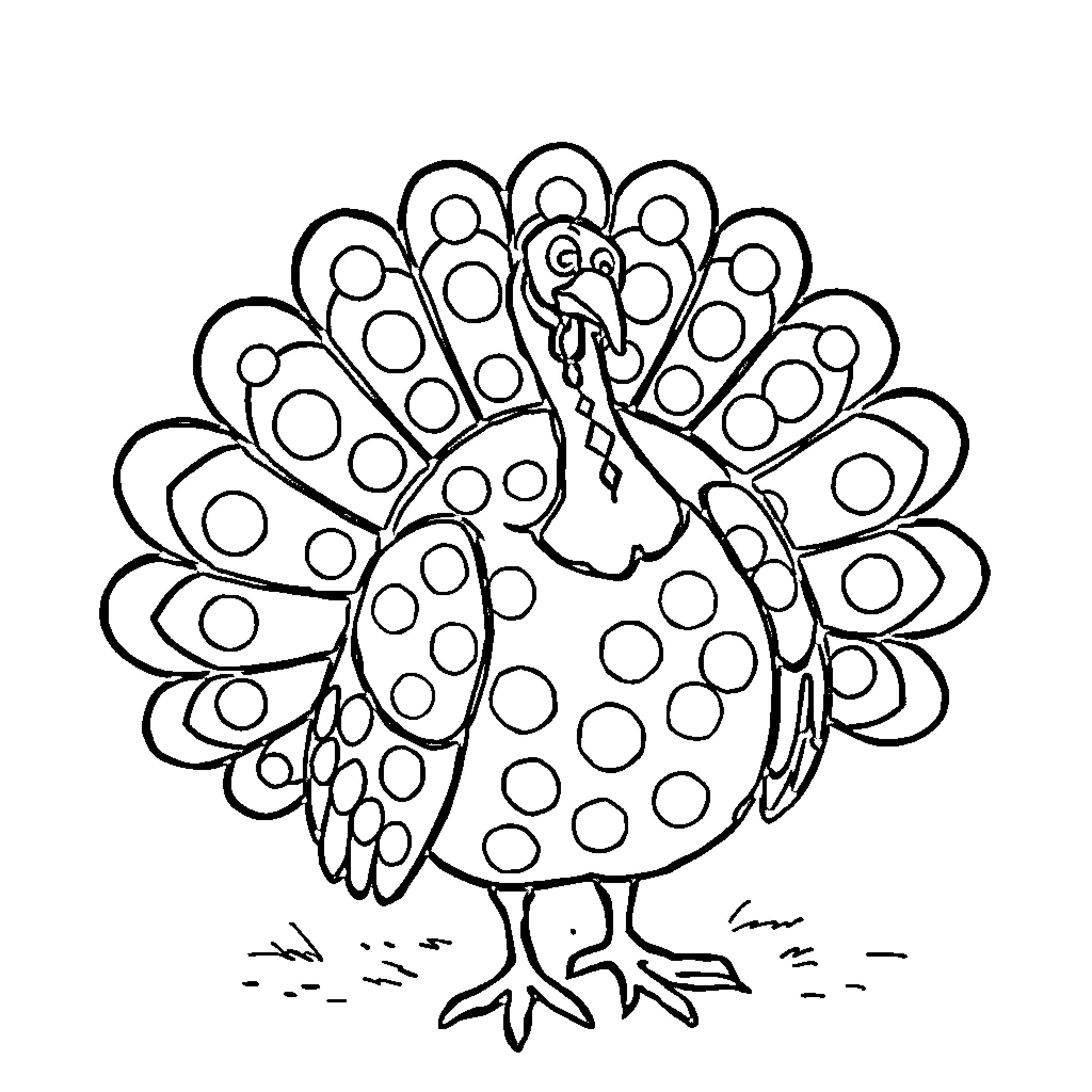 Turkey with elaborate feather pattern Coloring Page (free black-and-white line drawing printable PDF for all, from beginners to advanced learners, including children, teens, adults, and seniors)