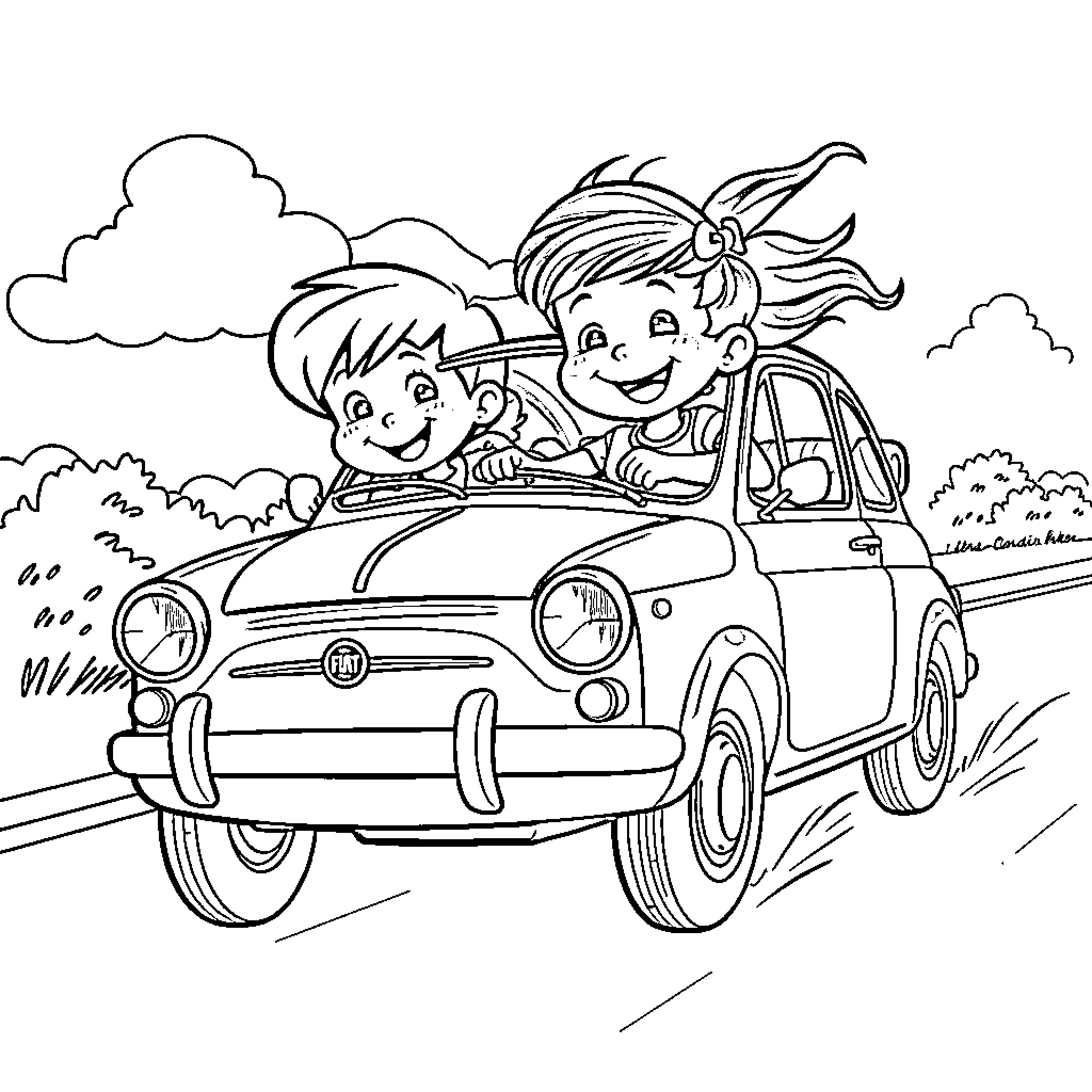 Child Joy-riding in a Vintage Car Coloring Page (free black-and-white line drawing printable PDF for all, from beginners to advanced learners, including children, teens, adults, and seniors)