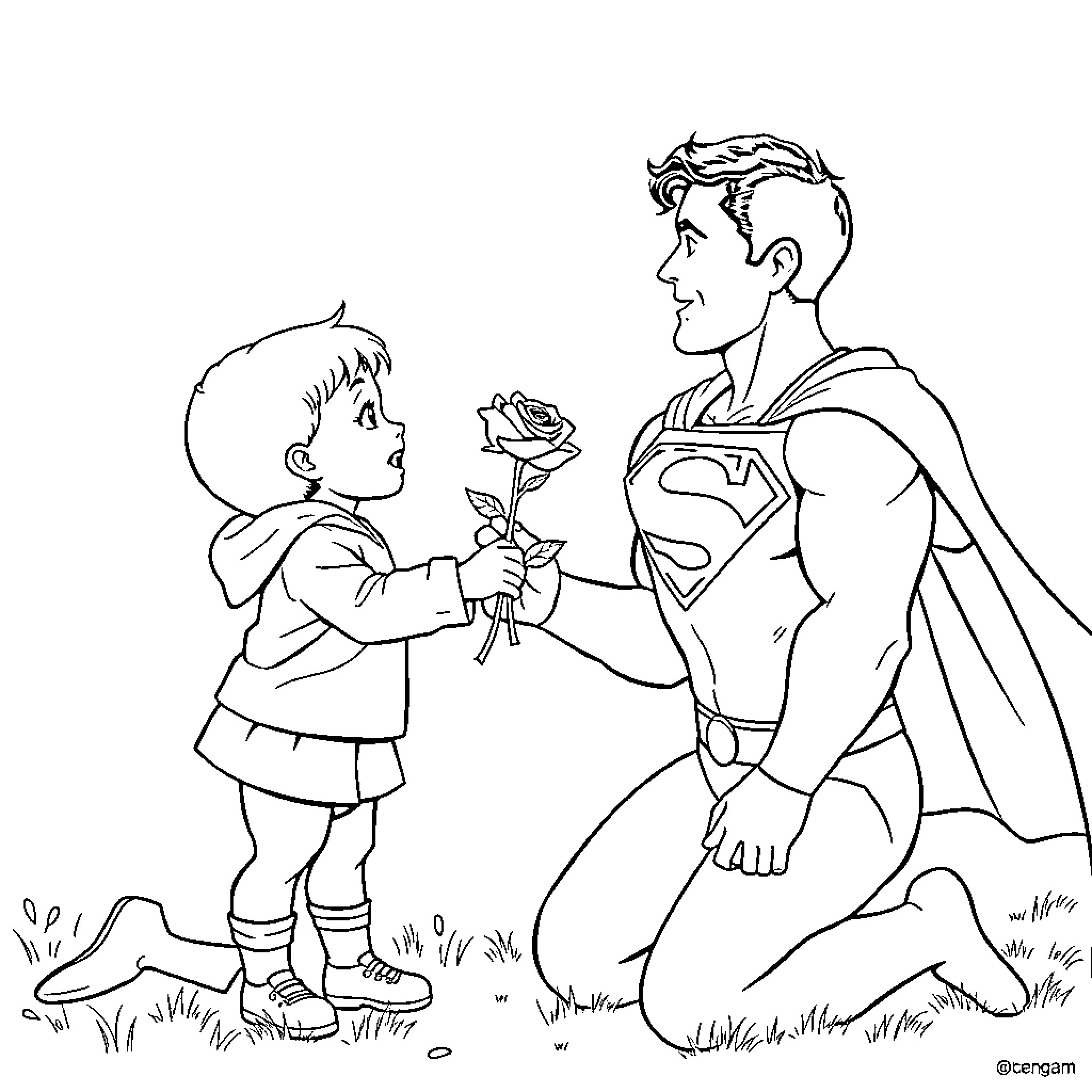 Superman presents flower to boy Coloring Page (free black-and-white line drawing printable PDF for all, from beginners to advanced learners, including children, teens, adults, and seniors)