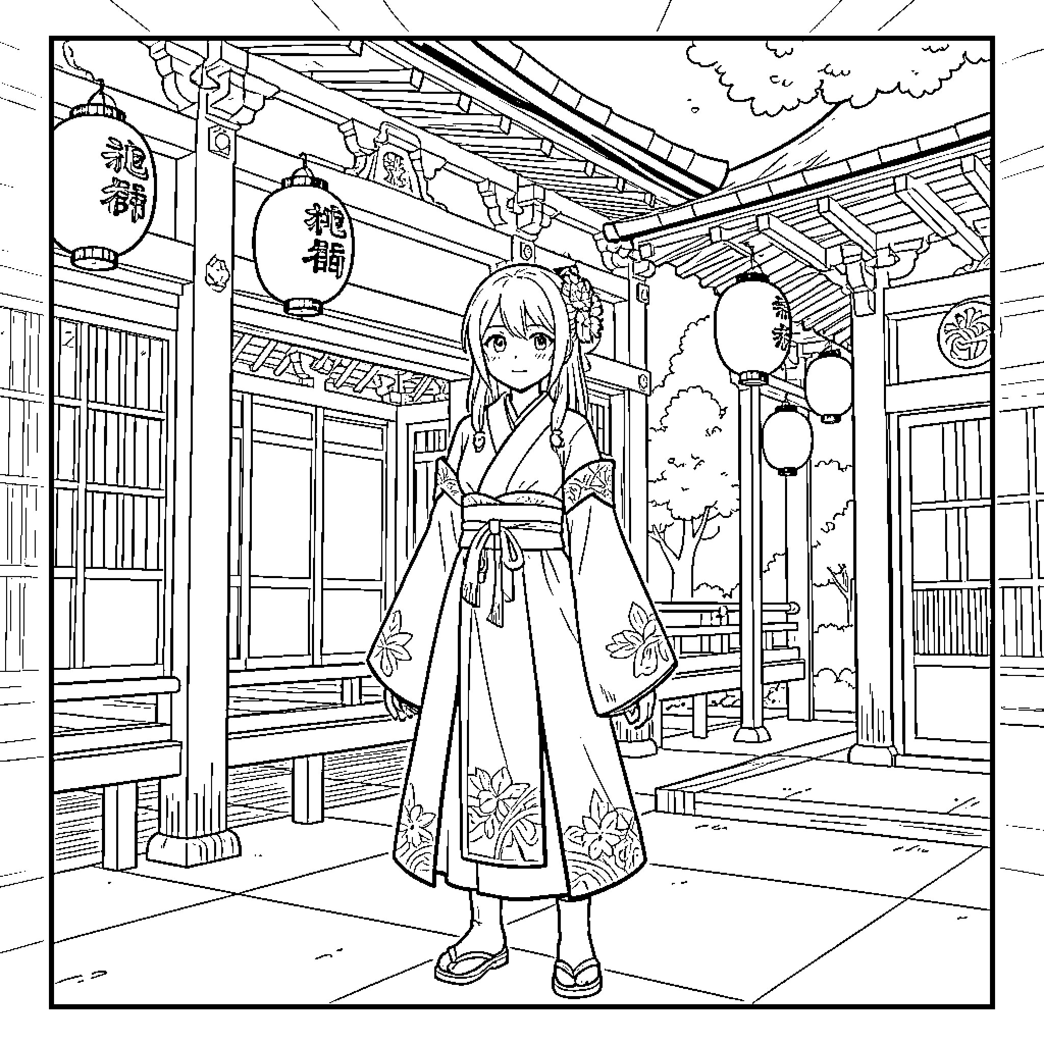 Yuna wearing a traditional kimono standing in a shrine Coloring Page (free black-and-white line drawing printable PDF for all, from beginners to advanced learners, including children, teens, adults, and seniors)
