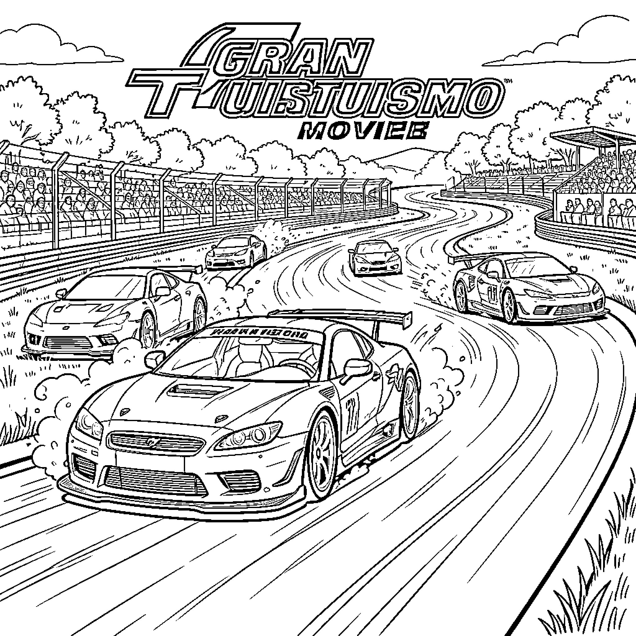 Gran Turismo Movie: High-Speed Race on Winding Track Coloring Page (free black-and-white line drawing printable PDF for all, from beginners to advanced learners, including children, teens, adults, and seniors)