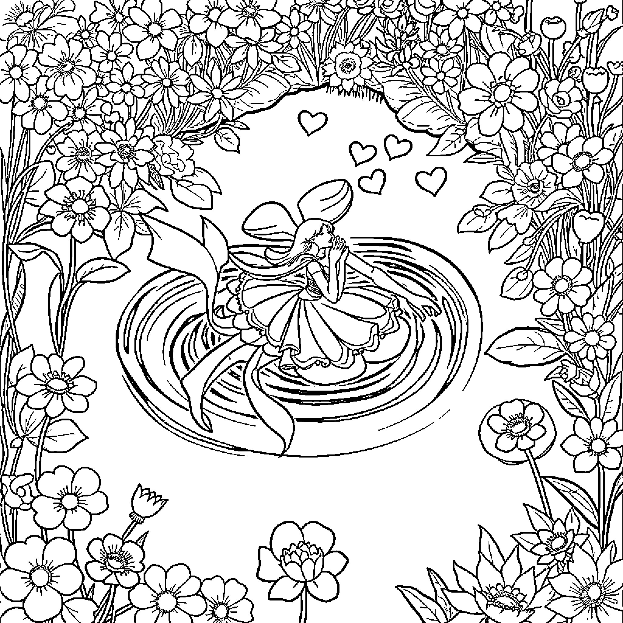 Queen of Hearts surrounded by vibrant flowers Coloring Page (free black-and-white line drawing printable PDF for all, from beginners to advanced learners, including children, teens, adults, and seniors)
