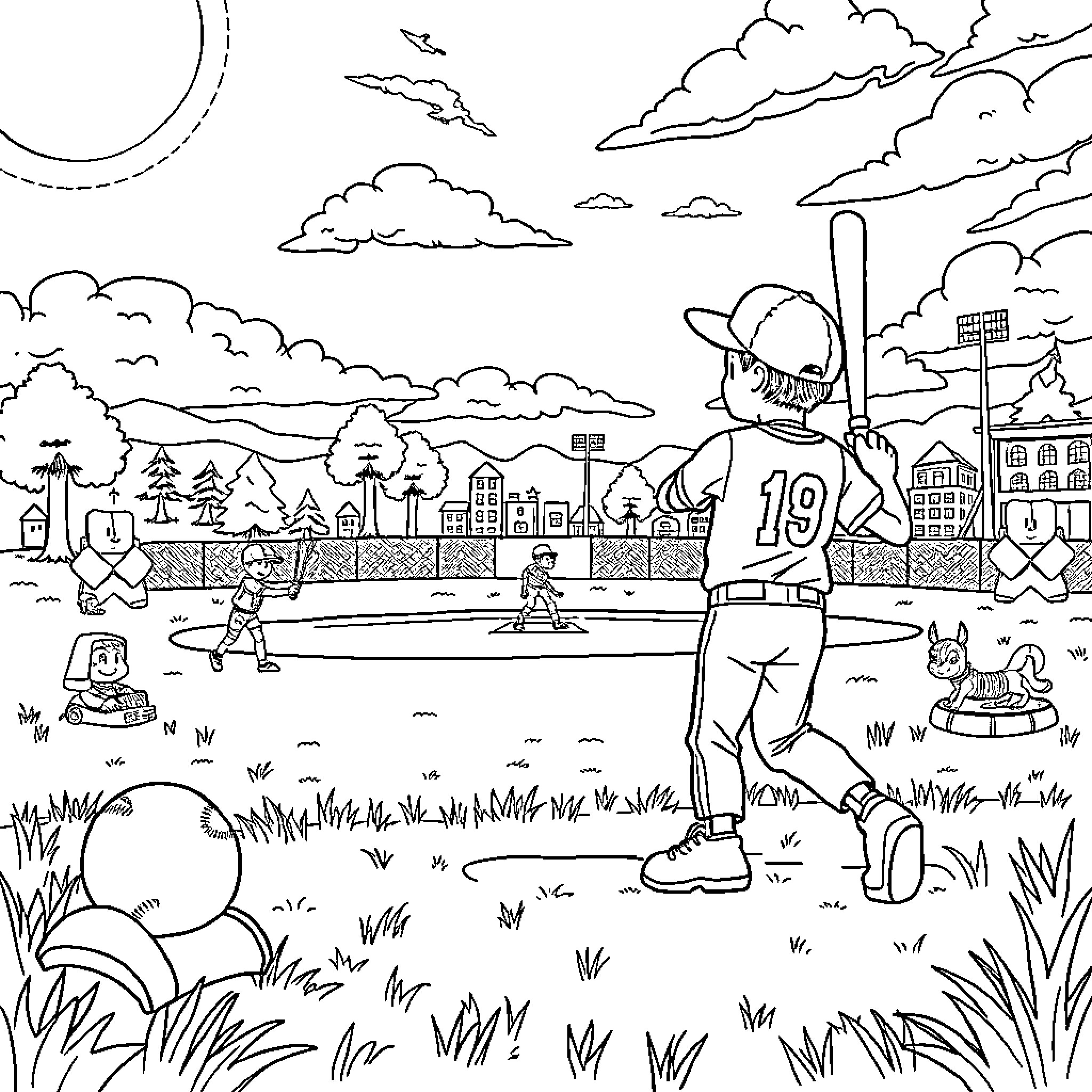 Kid playing sports outdoors in the park Coloring Page (free black-and-white line drawing printable PDF for all, from beginners to advanced learners, including children, teens, adults, and seniors)