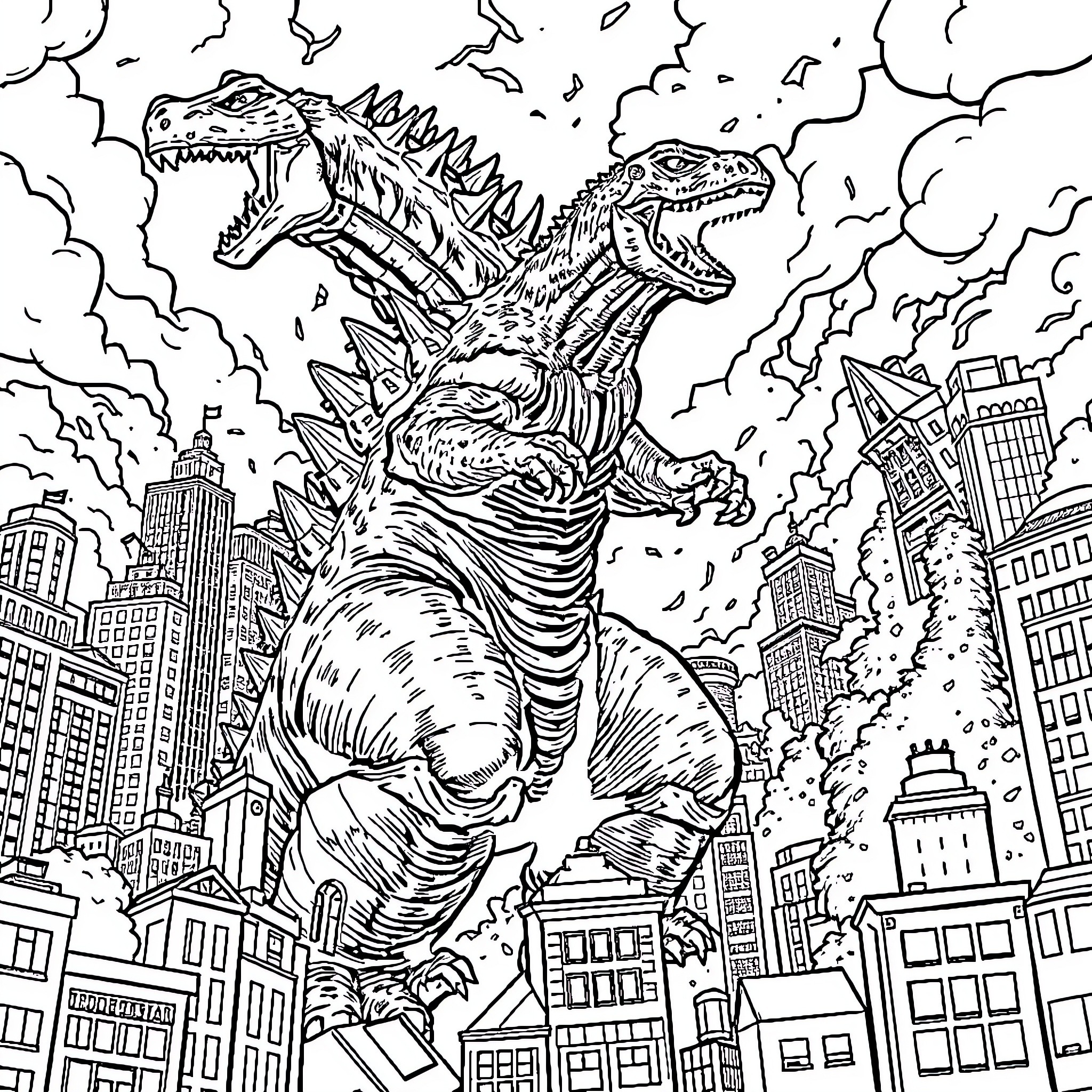 Kaiju Monsters Wreaking Havoc in the City Coloring Page (free black-and-white line drawing printable PDF for all, from beginners to advanced learners, including children, teens, adults, and seniors)