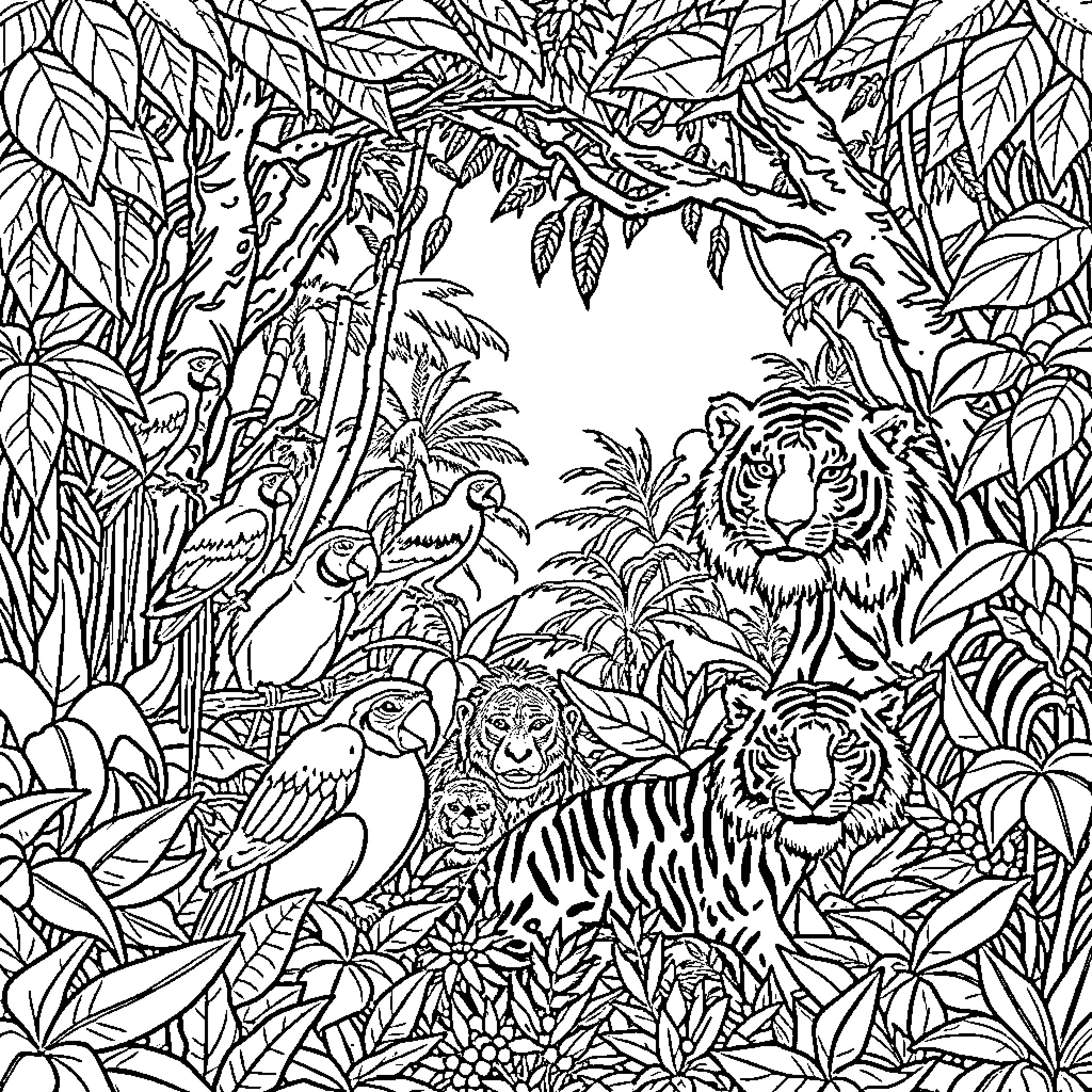 Animal jungle scene with exotic wildlife Coloring Page (free black-and-white line drawing printable PDF for all, from beginners to advanced learners, including children, teens, adults, and seniors)