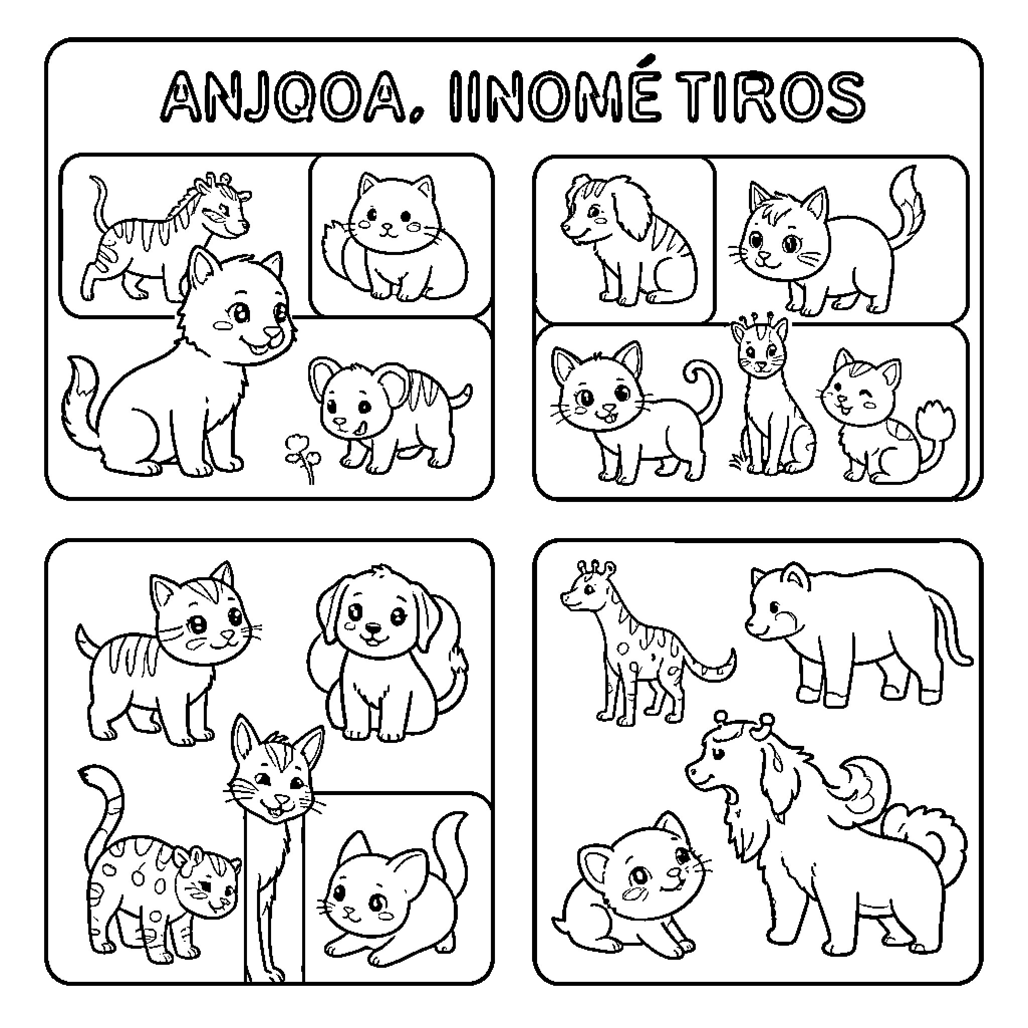 Animal Cartoon Cats and Kittens Coloring Page (free black-and-white line drawing printable PDF for all, from beginners to advanced learners, including children, teens, adults, and seniors)