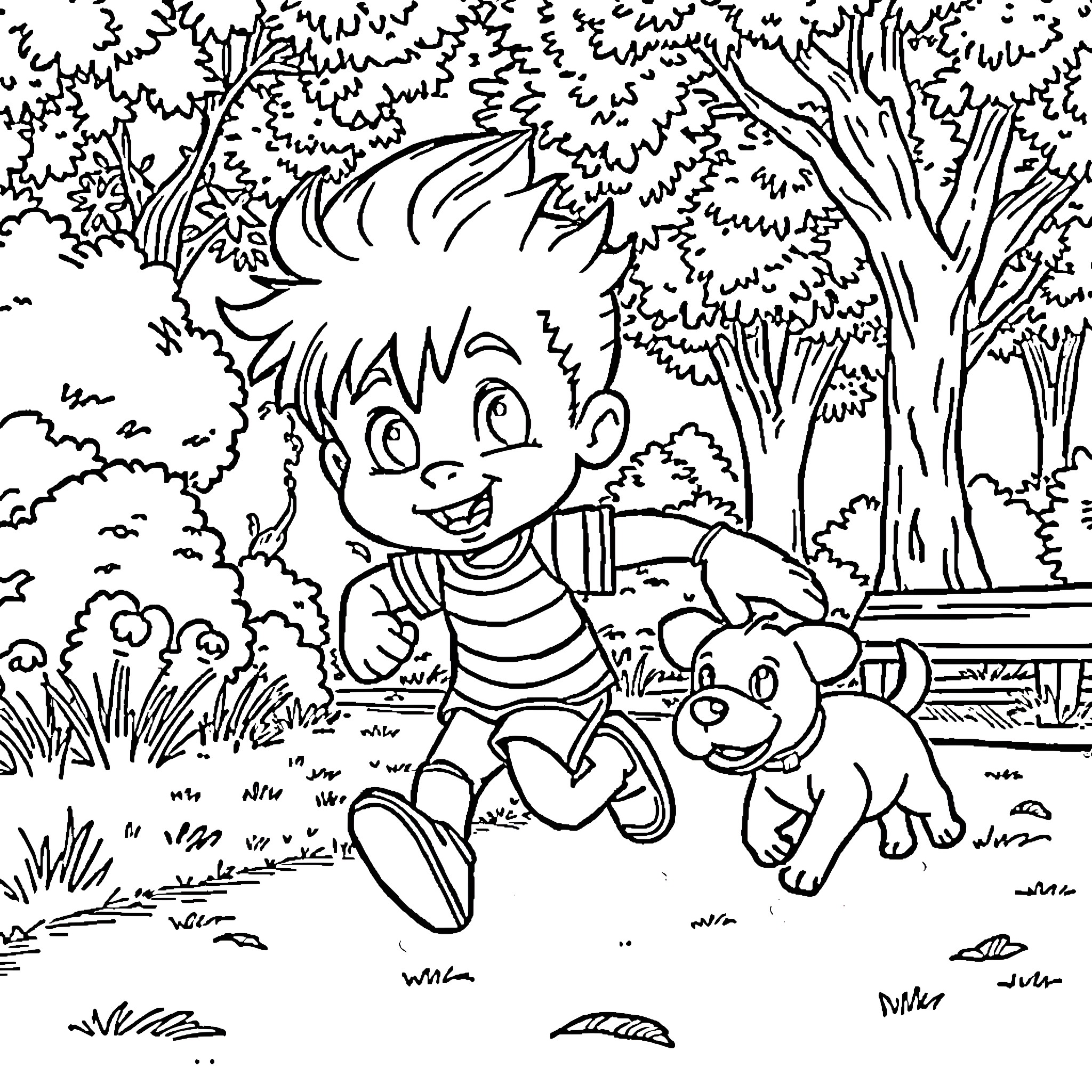 Chucky playing joyfully with his pet in the park Coloring Page (free black-and-white line drawing printable PDF for all, from beginners to advanced learners, including children, teens, adults, and seniors)