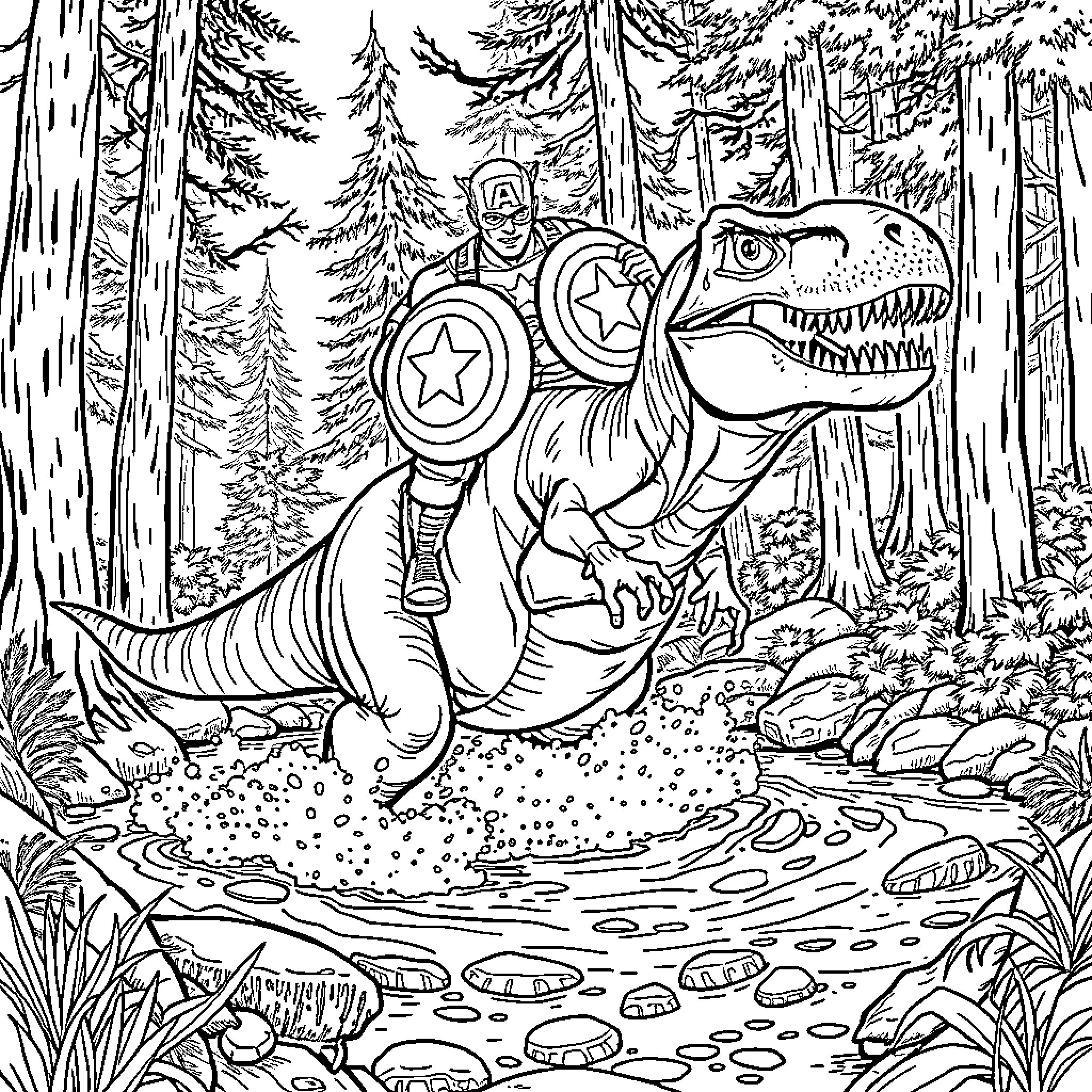 Captain America Battles Dinosaur in Enchanted Forest Coloring Page (free black-and-white line drawing printable PDF for all, from beginners to advanced learners, including children, teens, adults, and seniors)