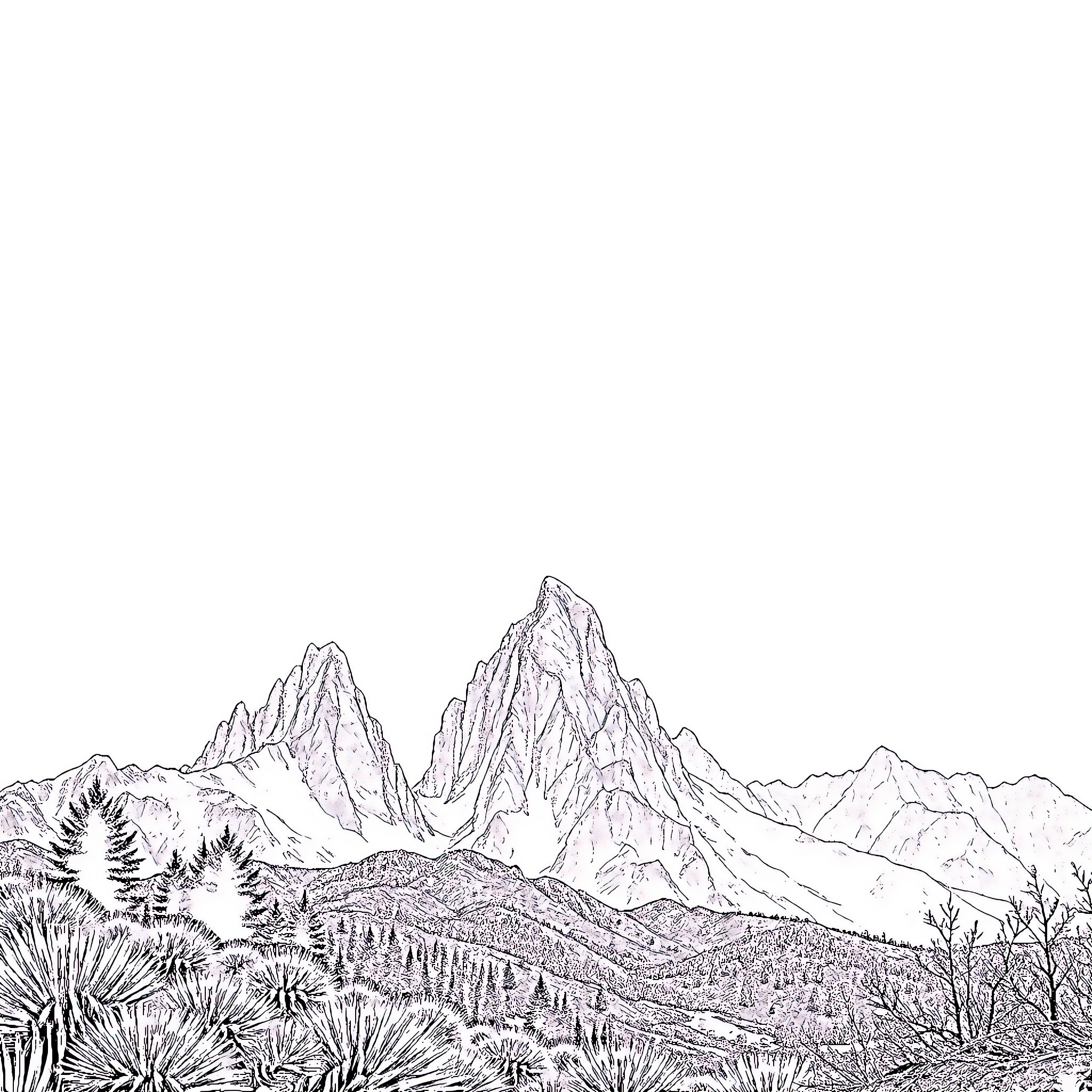 Mountain landscape with rugged peaks and desert vegetation Coloring Page (free black-and-white line drawing printable PDF for all, from beginners to advanced learners, including children, teens, adults, and seniors)
