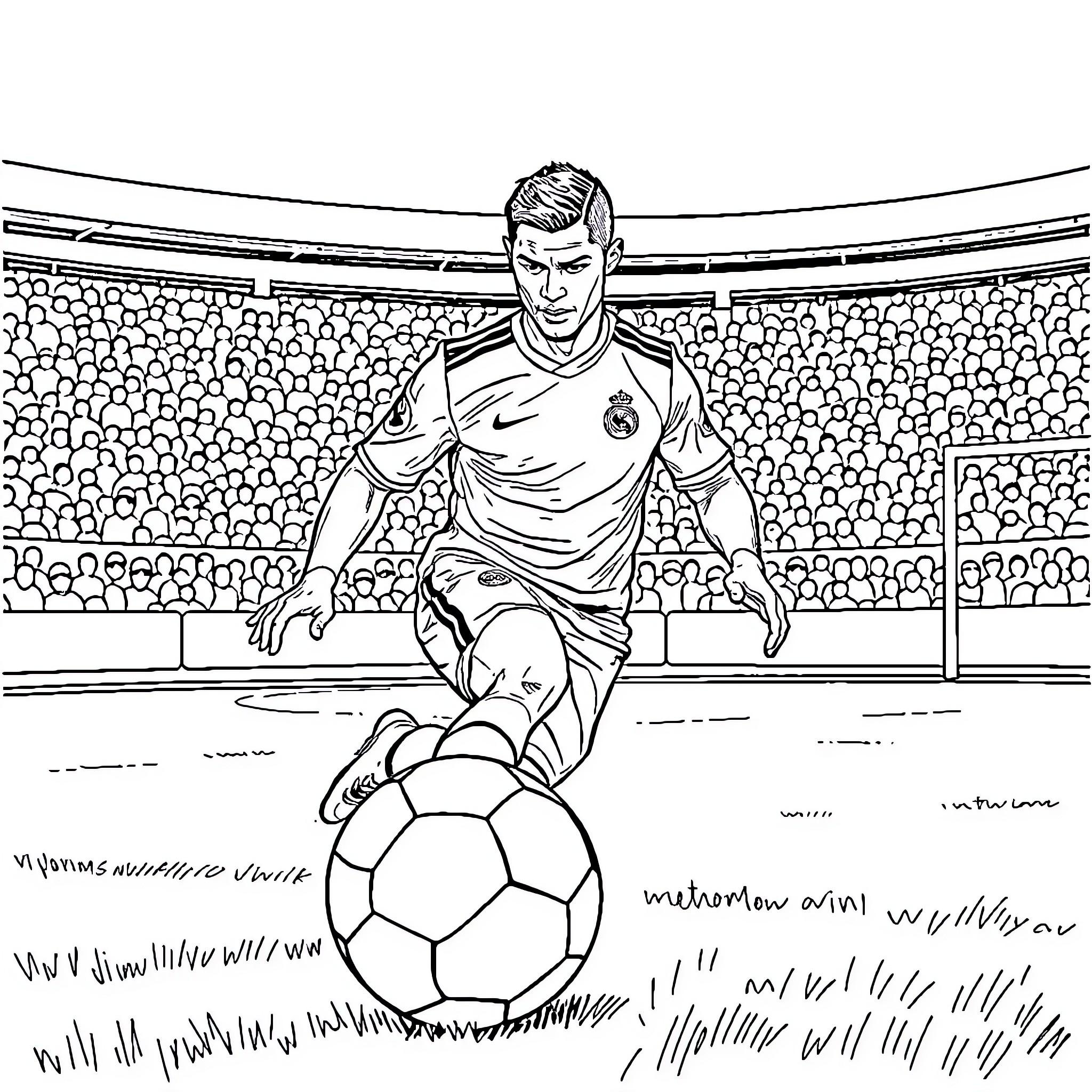 Cristiano Ronaldo playing soccer in the stadium Coloring Page (free black-and-white line drawing printable PDF for all, from beginners to advanced learners, including children, teens, adults, and seniors)