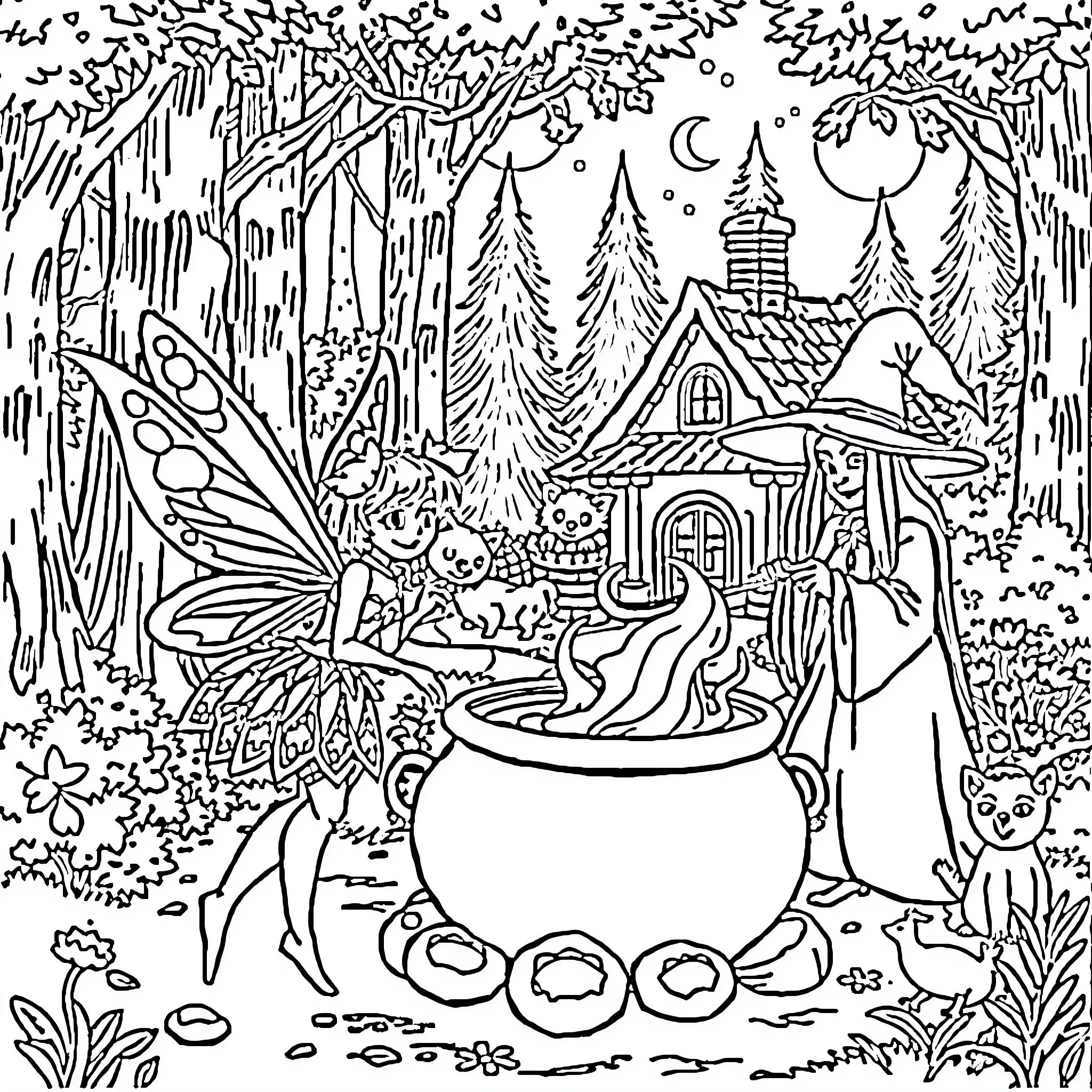 Fairy's Enchanted Night in the Forest Coloring Page (free black-and-white line drawing printable PDF for all, from beginners to advanced learners, including children, teens, adults, and seniors)