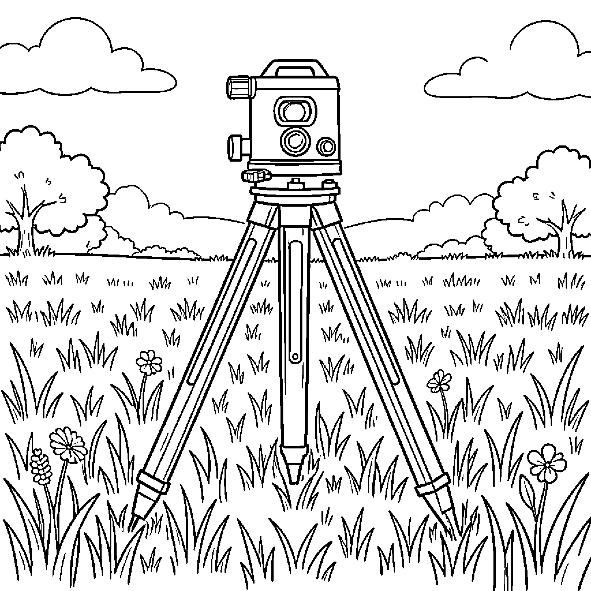 Land Surveying Level in a Grassy Field Coloring Page (free black-and-white line drawing printable PDF for all, from beginners to advanced learners, including children, teens, adults, and seniors)