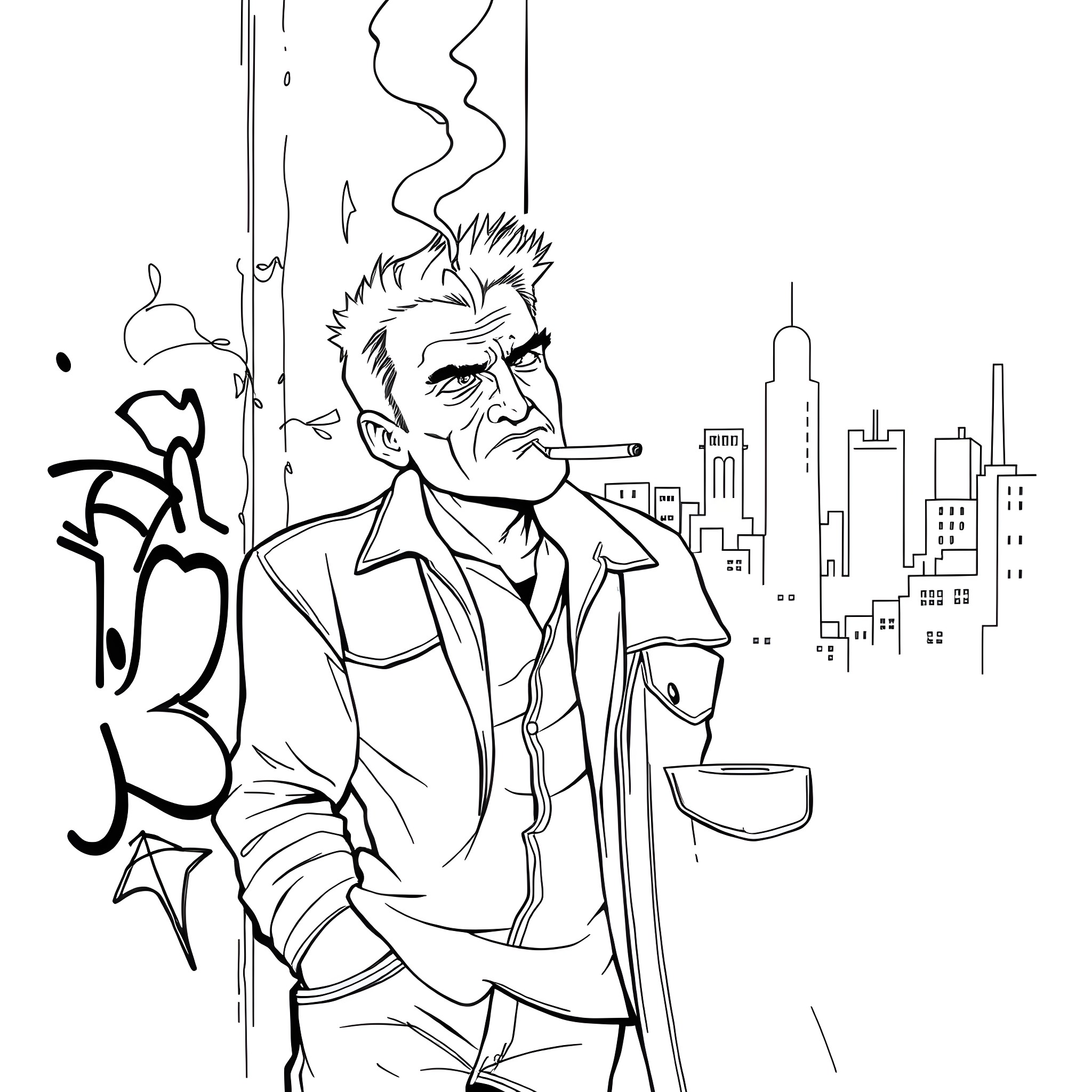 Hobie Brown, the graffiti artist, contemplates the city skyline Coloring Page (free black-and-white line drawing printable PDF for all, from beginners to advanced learners, including children, teens, adults, and seniors)