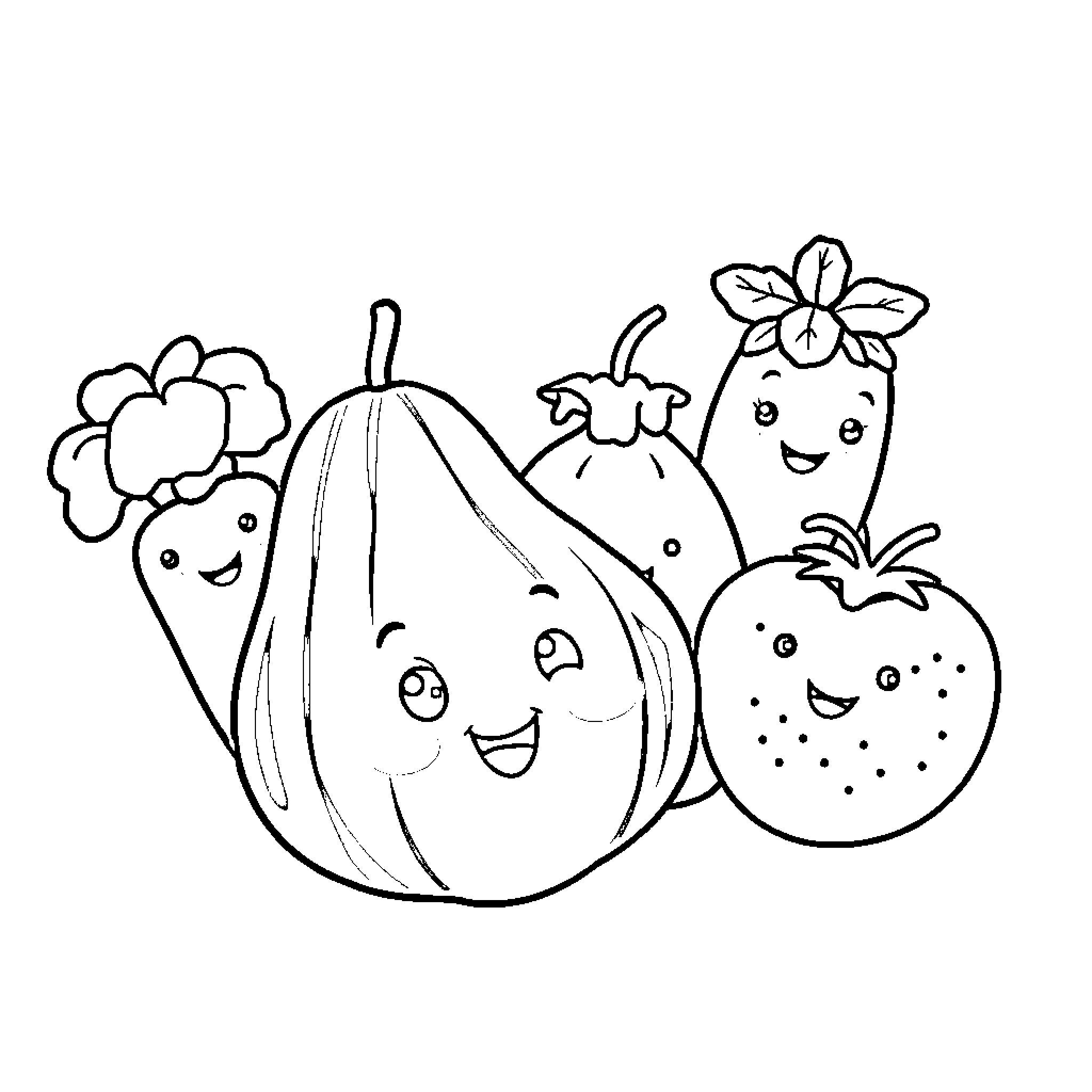 Vegetable friends with cheerful expressions Coloring Page (free black-and-white line drawing printable PDF for all, from beginners to advanced learners, including children, teens, adults, and seniors)