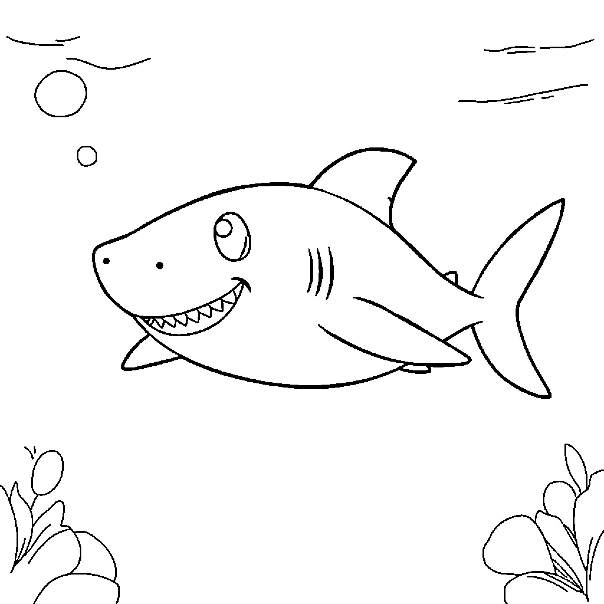 Shark swimming playfully in the ocean Coloring Page (free black-and-white line drawing printable PDF for all, from beginners to advanced learners, including children, teens, adults, and seniors)