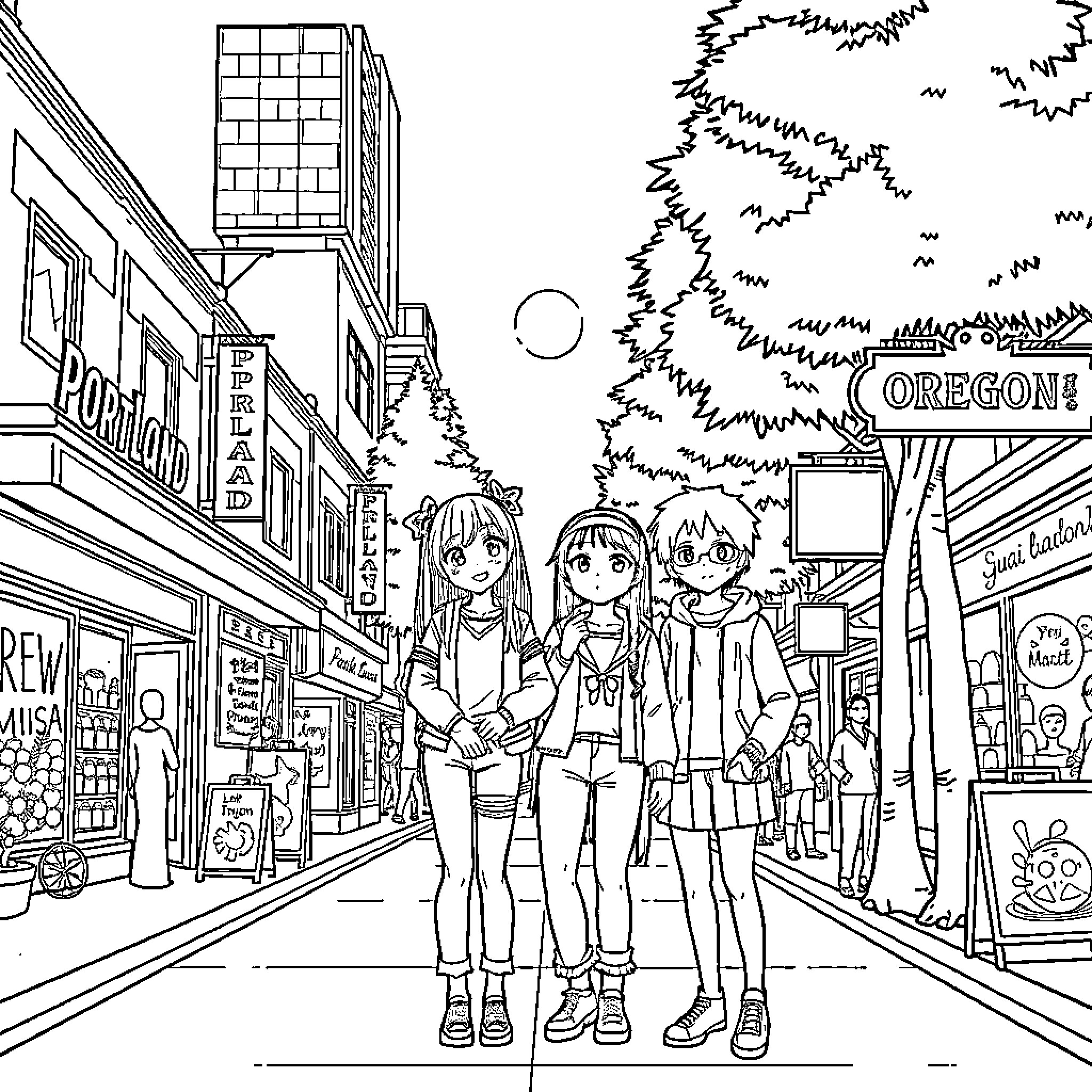 Miku and friends explore the vibrant city streets Coloring Page (free black-and-white line drawing printable PDF for all, from beginners to advanced learners, including children, teens, adults, and seniors)