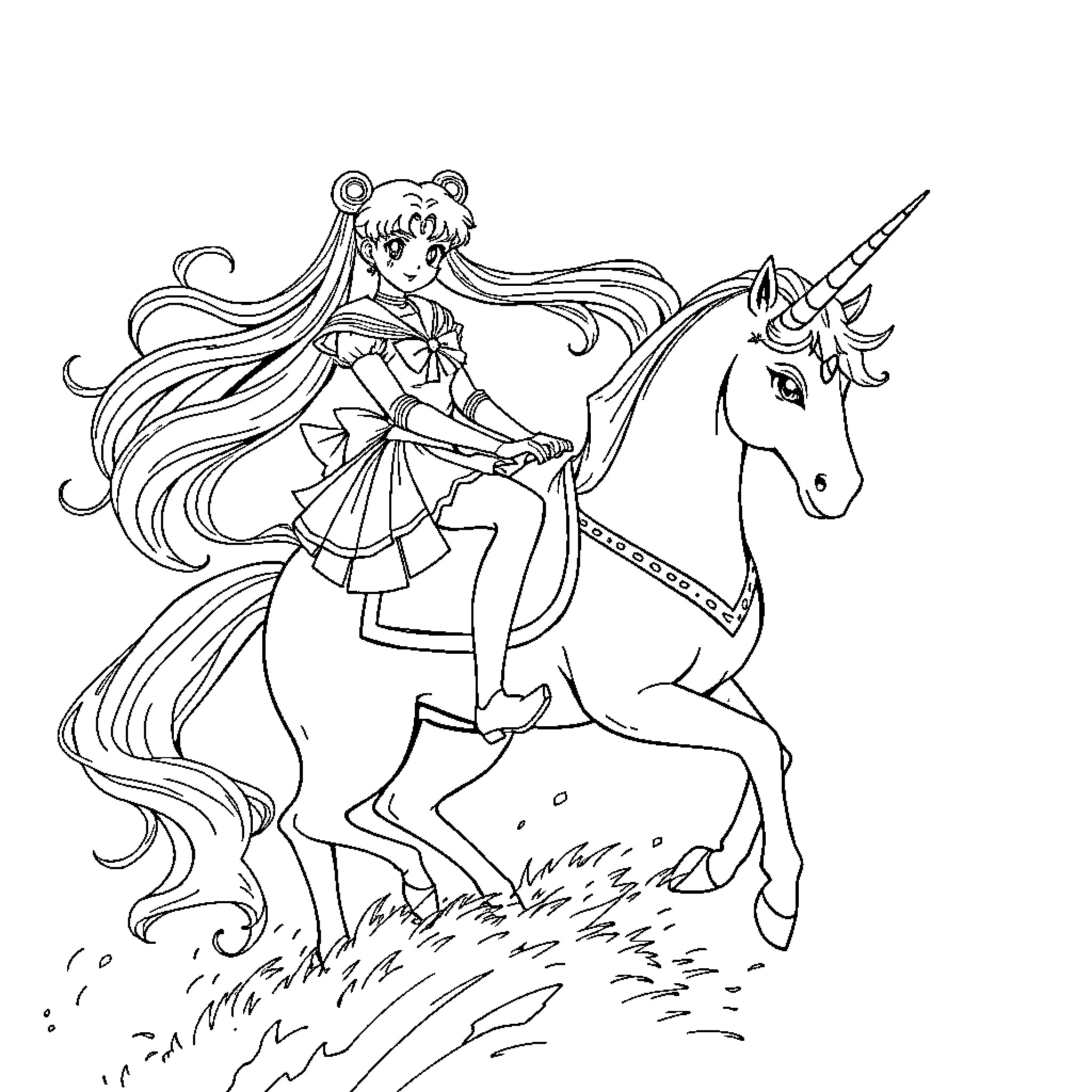 Sailor Moon riding a unicorn on a magical adventure Coloring Page (free black-and-white line drawing printable PDF for all, from beginners to advanced learners, including children, teens, adults, and seniors)