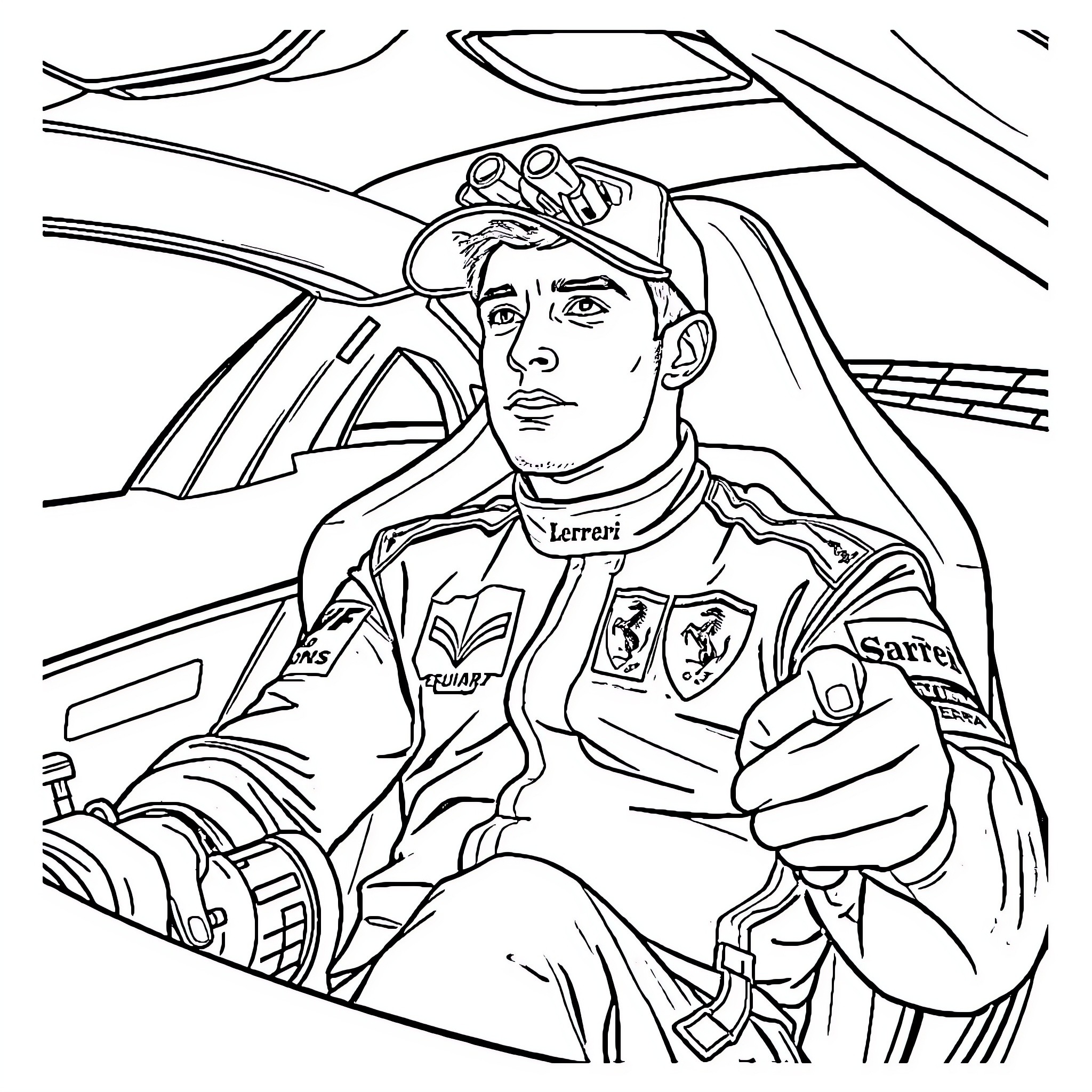 Charles Leclerc Focused on the Racing Track Coloring Page (free black-and-white line drawing printable PDF for all, from beginners to advanced learners, including children, teens, adults, and seniors)