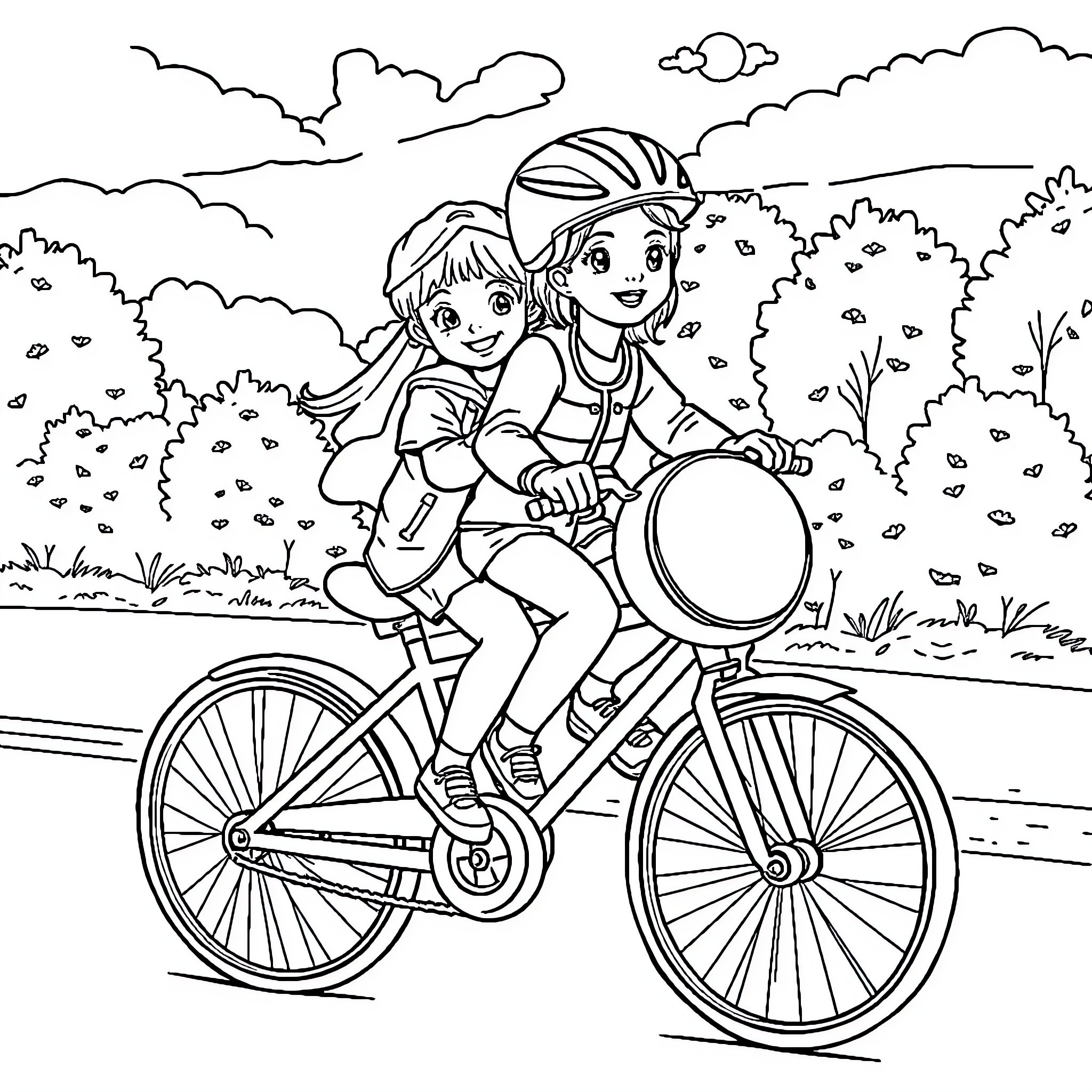 Children enjoying a bike ride in nature Coloring Page (free black-and-white line drawing printable PDF for all, from beginners to advanced learners, including children, teens, adults, and seniors)