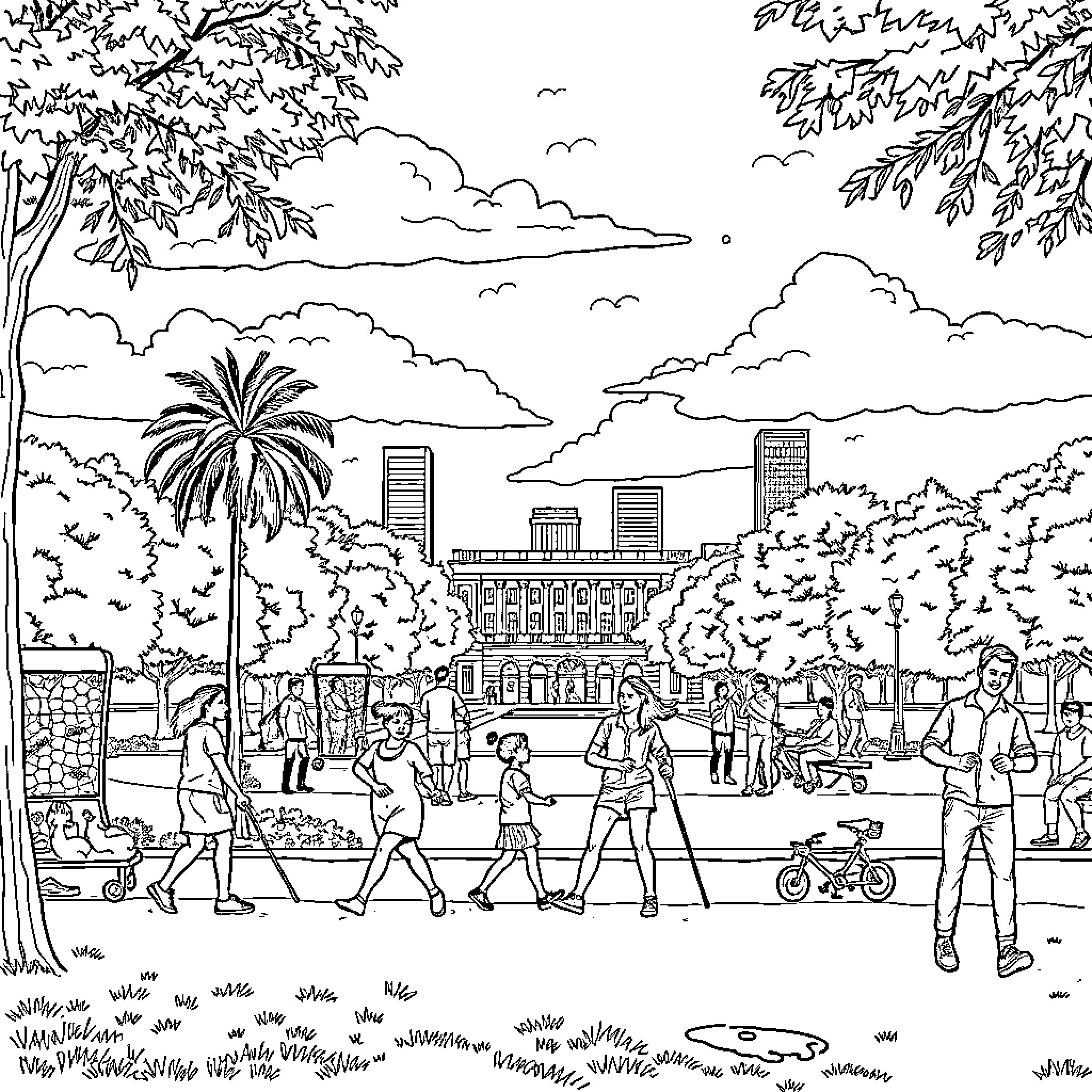 Sport activities in an urban park scene Coloring Page (free black-and-white line drawing printable PDF for all, from beginners to advanced learners, including children, teens, adults, and seniors)
