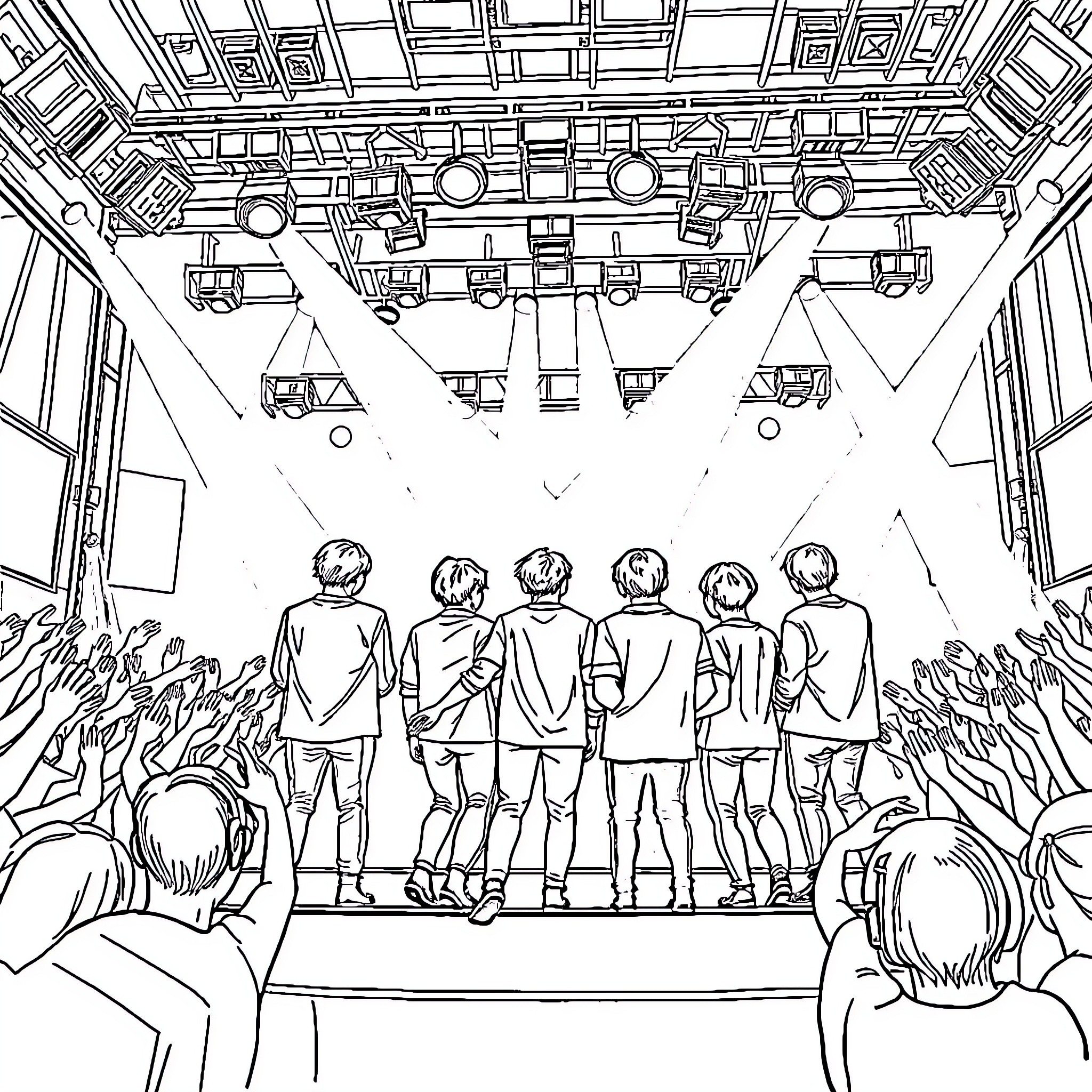 BTS Performing on Stage with Fans Coloring Page (free black-and-white line drawing printable PDF for all, from beginners to advanced learners, including children, teens, adults, and seniors)