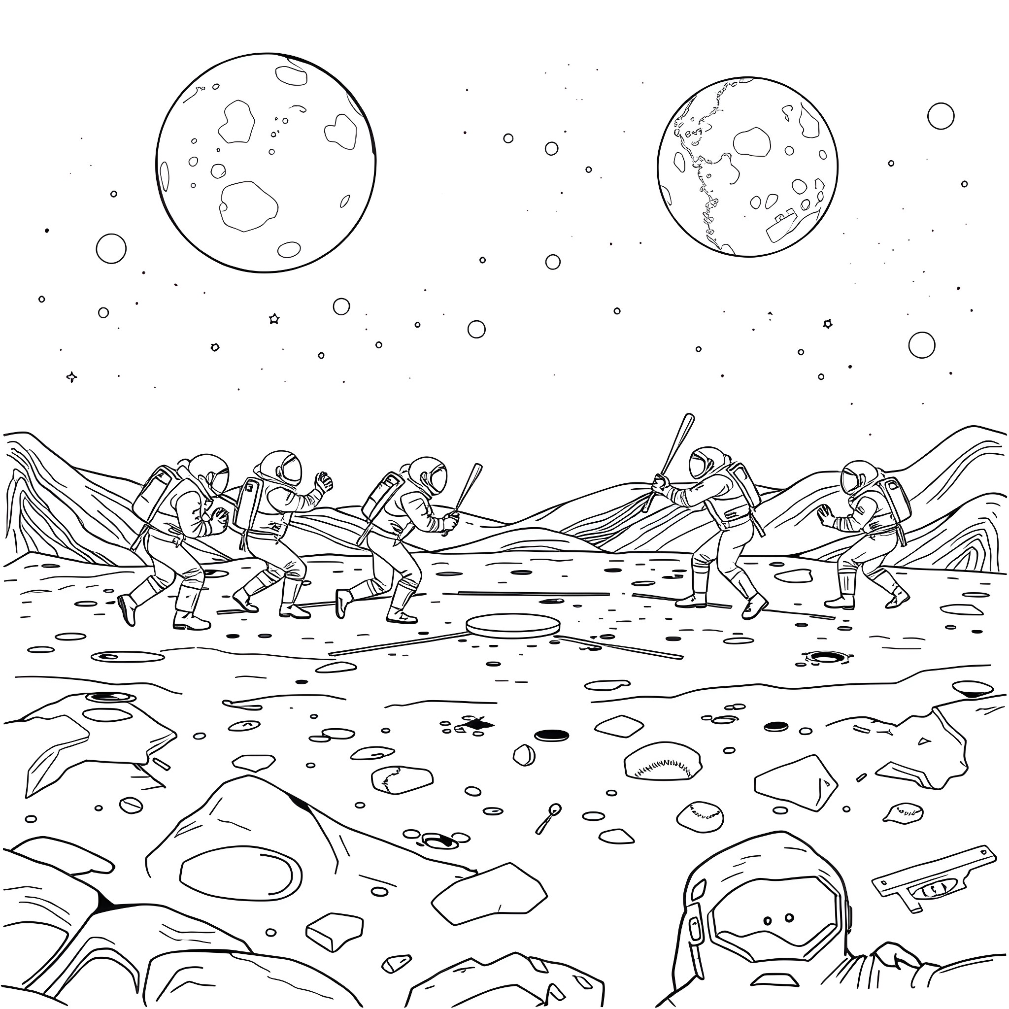 Baseball Players on Alien Planet Under Moons Coloring Page (free black-and-white line drawing printable PDF for all, from beginners to advanced learners, including children, teens, adults, and seniors)