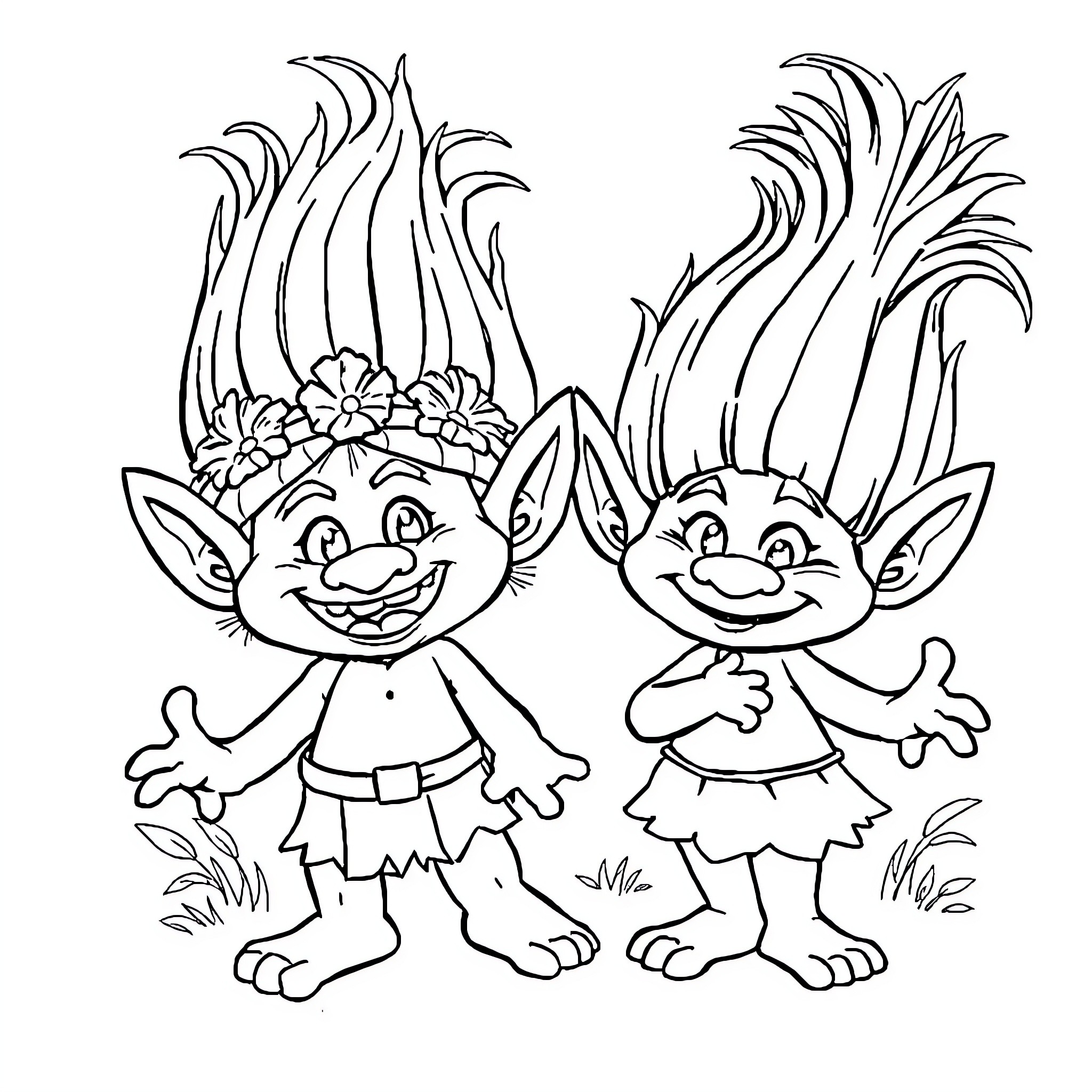 Troll figures with colorful hairstyles and friendly expressions Coloring Page (free black-and-white line drawing printable PDF for all, from beginners to advanced learners, including children, teens, adults, and seniors)