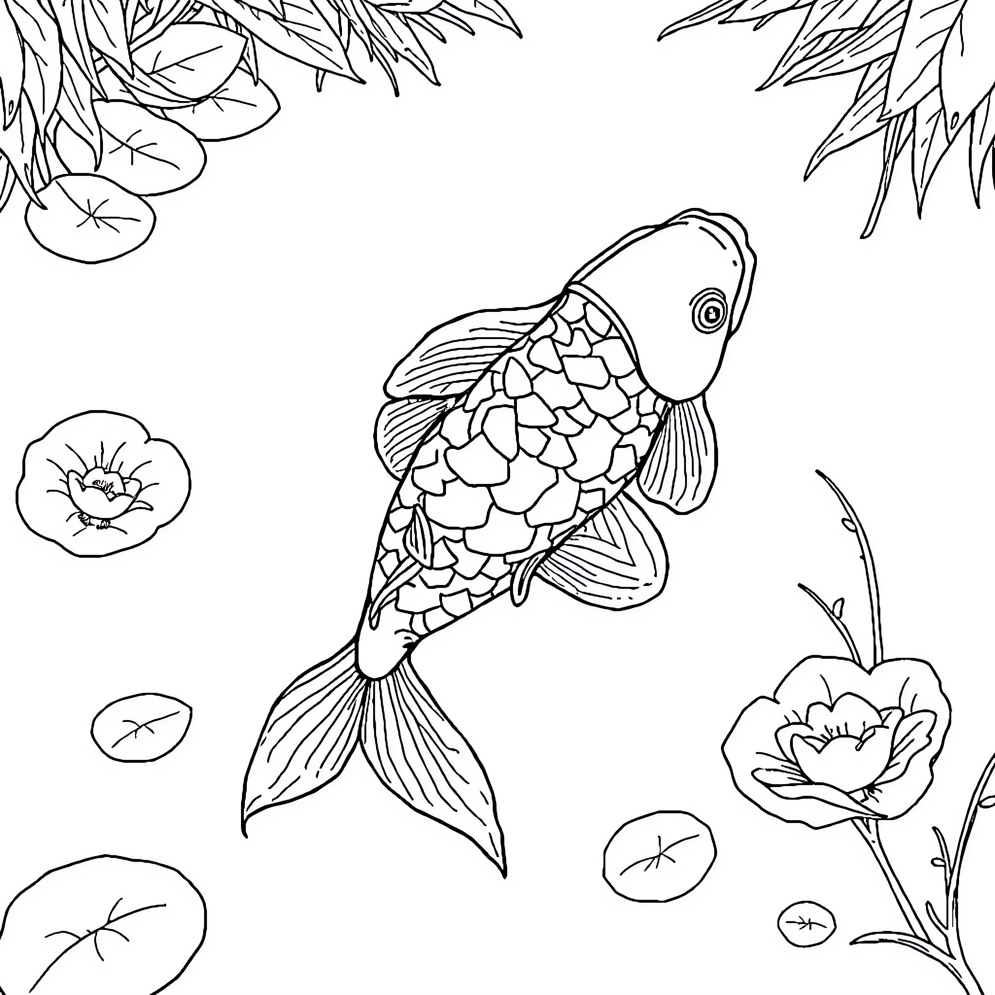 Carp swimming amidst flowers and leaves Coloring Page (free black-and-white line drawing printable PDF for all, from beginners to advanced learners, including children, teens, adults, and seniors)