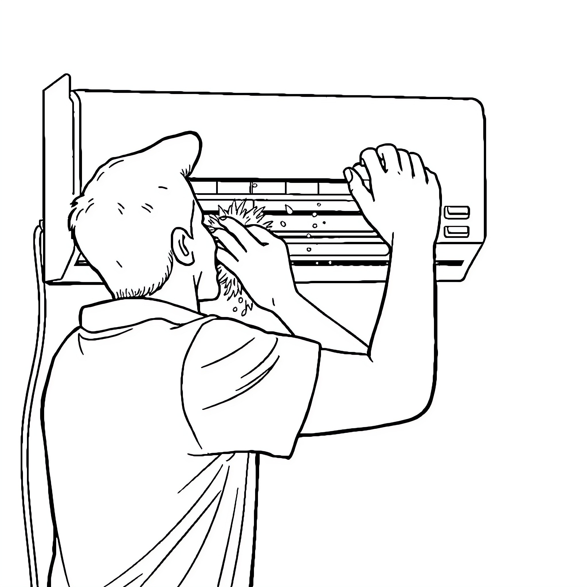 Guy repairing electronic device Coloring Page (free black-and-white line drawing printable PDF for all, from beginners to advanced learners, including children, teens, adults, and seniors)