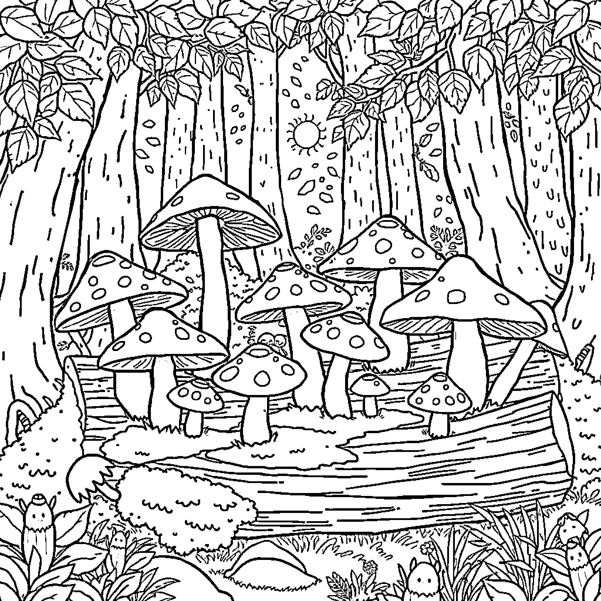 Mushroom forest with whimsical scenery Coloring Page (free black-and-white line drawing printable PDF for all, from beginners to advanced learners, including children, teens, adults, and seniors)