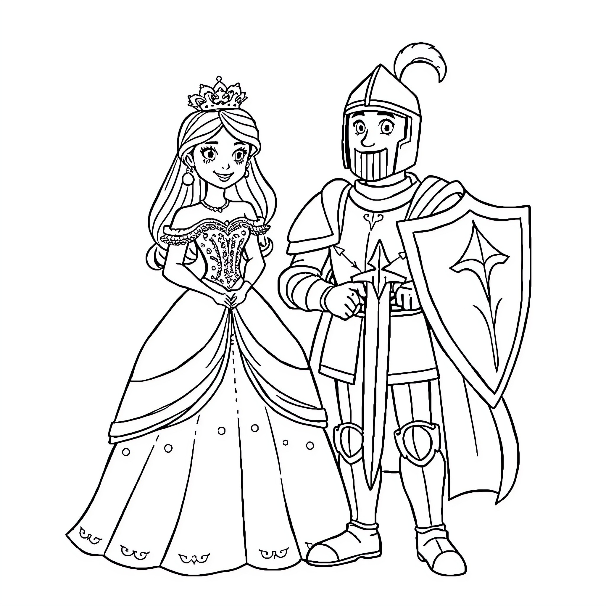 Princess and Knight in Elegant Attire Coloring Page (free black-and-white line drawing printable PDF for all, from beginners to advanced learners, including children, teens, adults, and seniors)