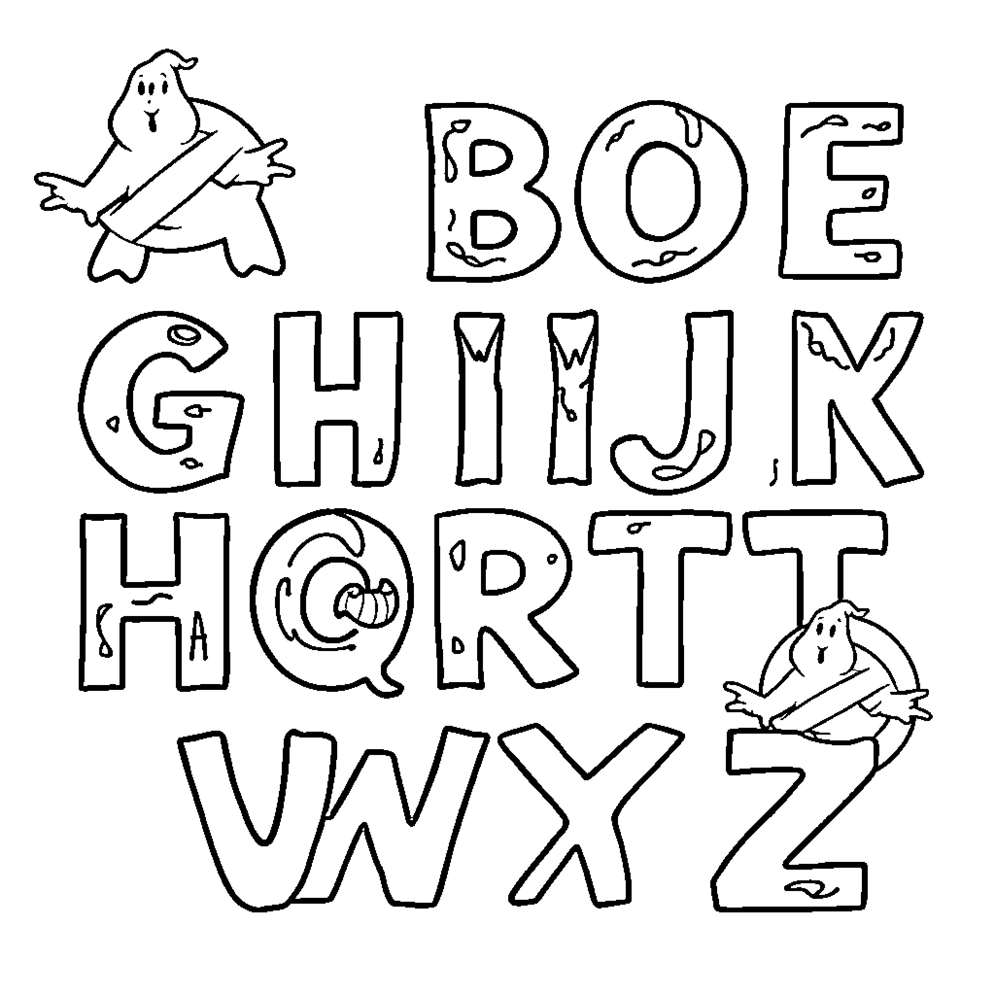 Ghostbuster chasing spooky letters in a playful scene Coloring Page (free black-and-white line drawing printable PDF for all, from beginners to advanced learners, including children, teens, adults, and seniors)