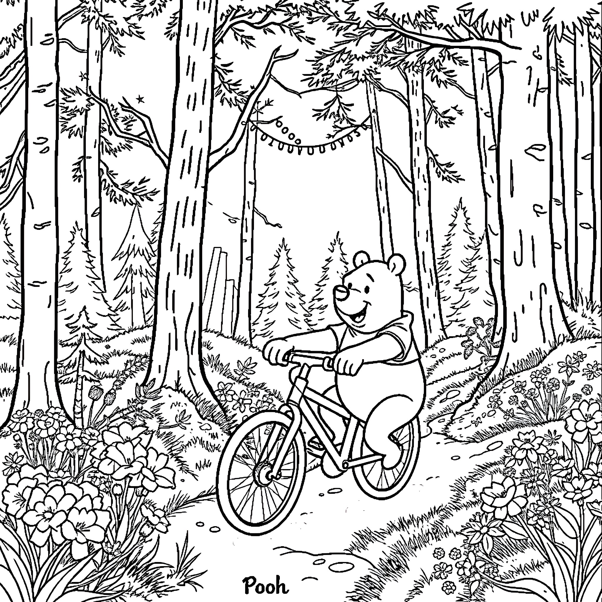 Pooh Bear rides a bicycle through the forest Coloring Page (free black-and-white line drawing printable PDF for all, from beginners to advanced learners, including children, teens, adults, and seniors)