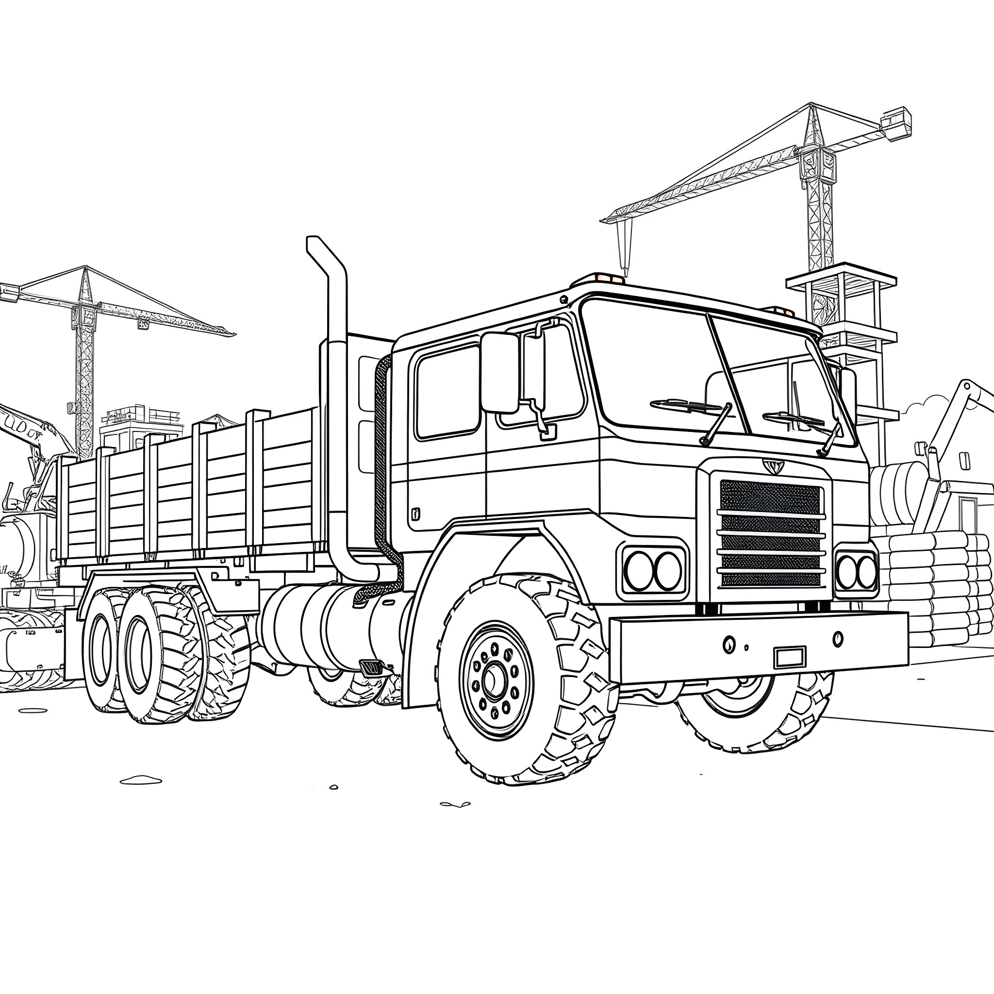 Flatbed construction truck on a construction site Coloring Page (free black-and-white line drawing printable PDF for all, from beginners to advanced learners, including children, teens, adults, and seniors)