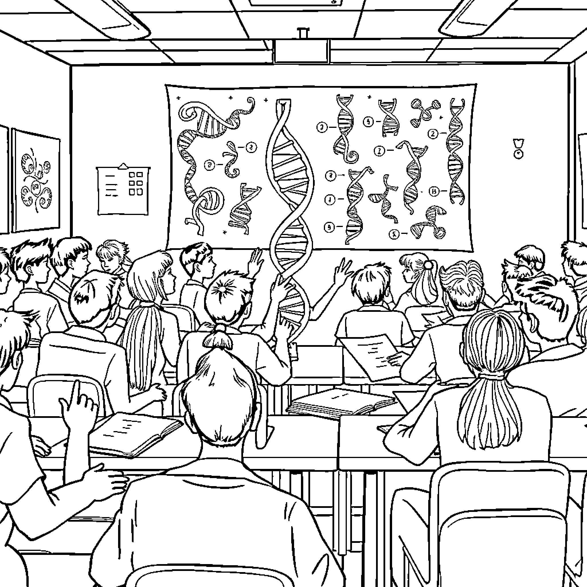 Biology lesson on DNA structures in a classroom Coloring Page (free black-and-white line drawing printable PDF for all, from beginners to advanced learners, including children, teens, adults, and seniors)