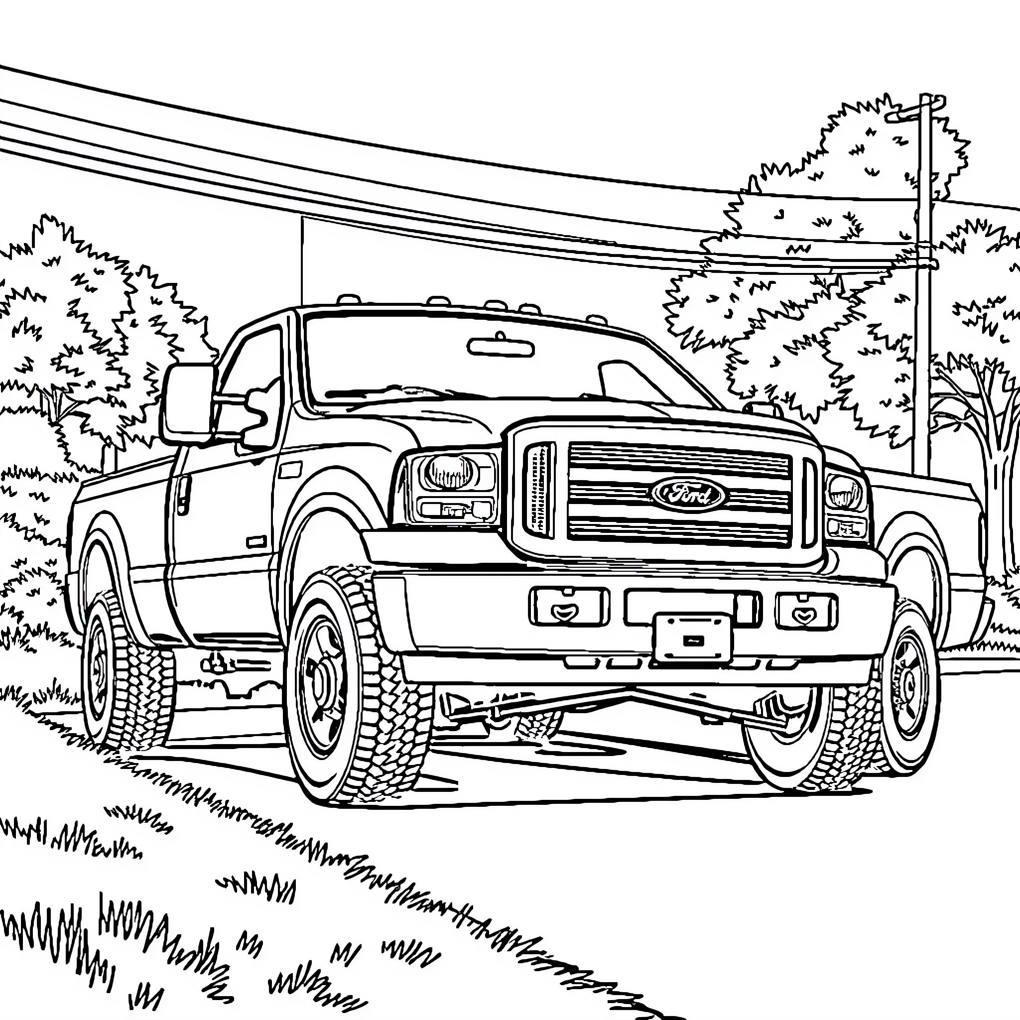 Ford F-250 Truck in Outdoors Setting Coloring Page (free black-and-white line drawing printable PDF for all, from beginners to advanced learners, including children, teens, adults, and seniors)